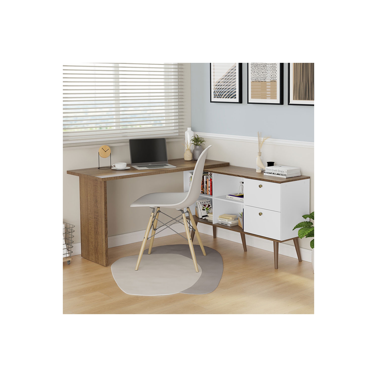 Madesa Modern L Shaped Desk 59 Inch with 2 Drawers and 4 Storage Shelves Home Office Corner Study Table Unit for Kids and Adults - White/Brown