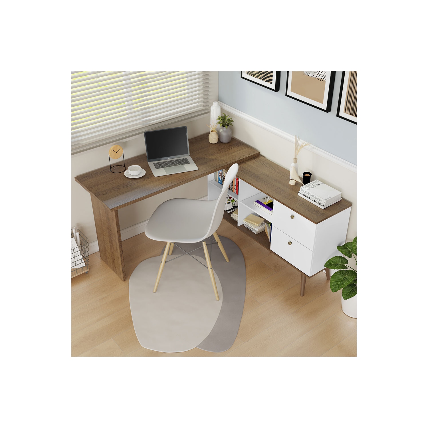 Madesa Modern L Shaped Desk 59 Inch with 2 Drawers and 4 Storage Shelves Home Office Corner Study Table Unit for Kids and Adults - White/Brown