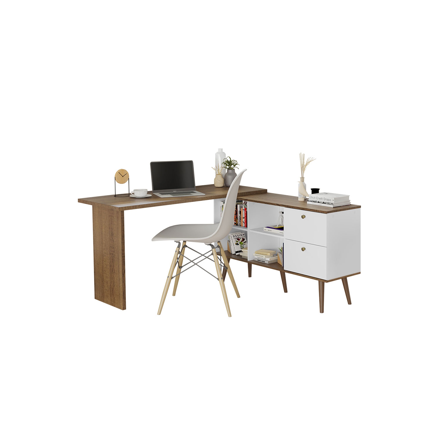 Madesa Modern L Shaped Desk 59 Inch with 2 Drawers and 4 Storage Shelves Home Office Corner Study Table Unit for Kids and Adults - White/Brown
