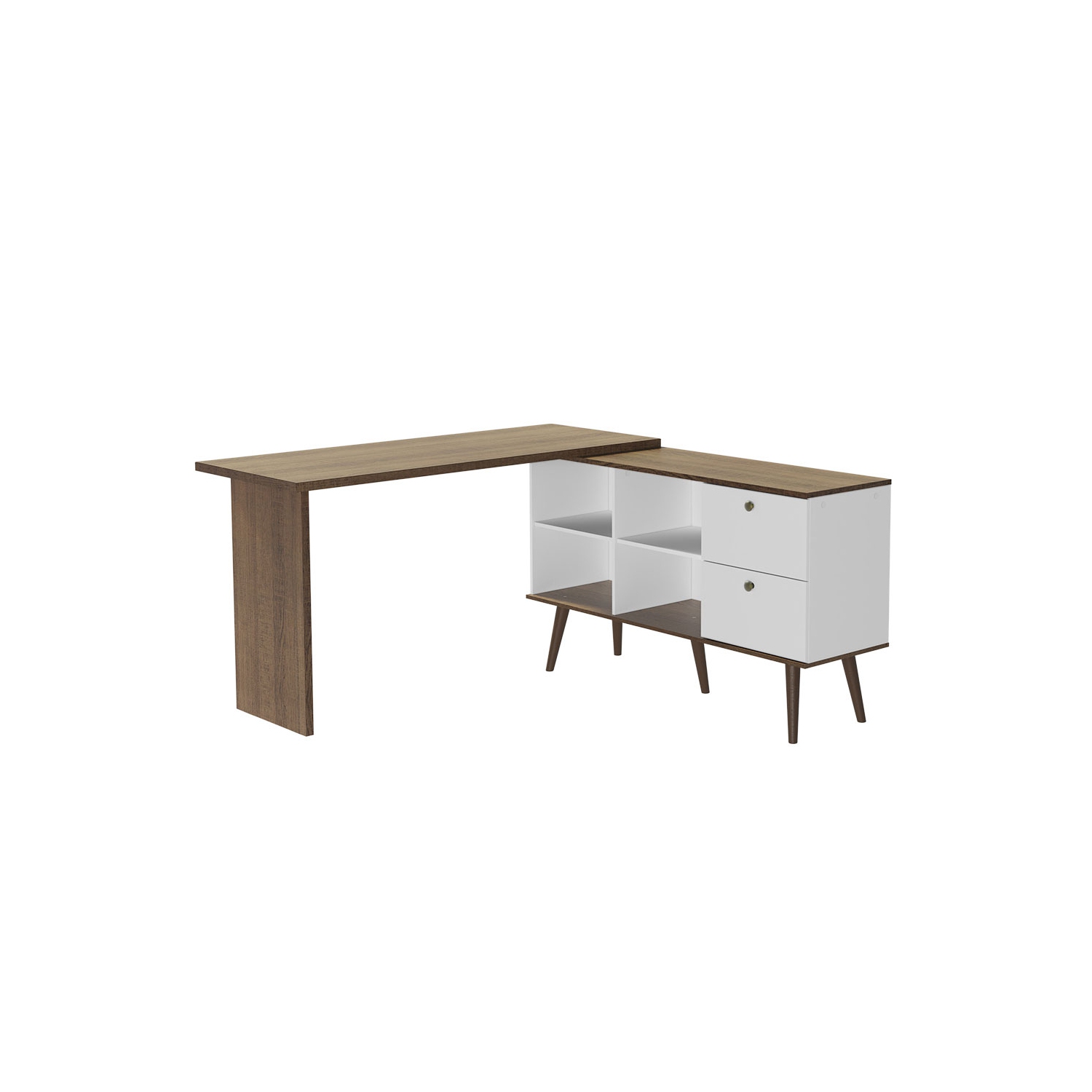 Madesa Modern L Shaped Desk 59 Inch with 2 Drawers and 4 Storage Shelves Home Office Corner Study Table Unit for Kids and Adults - White/Brown