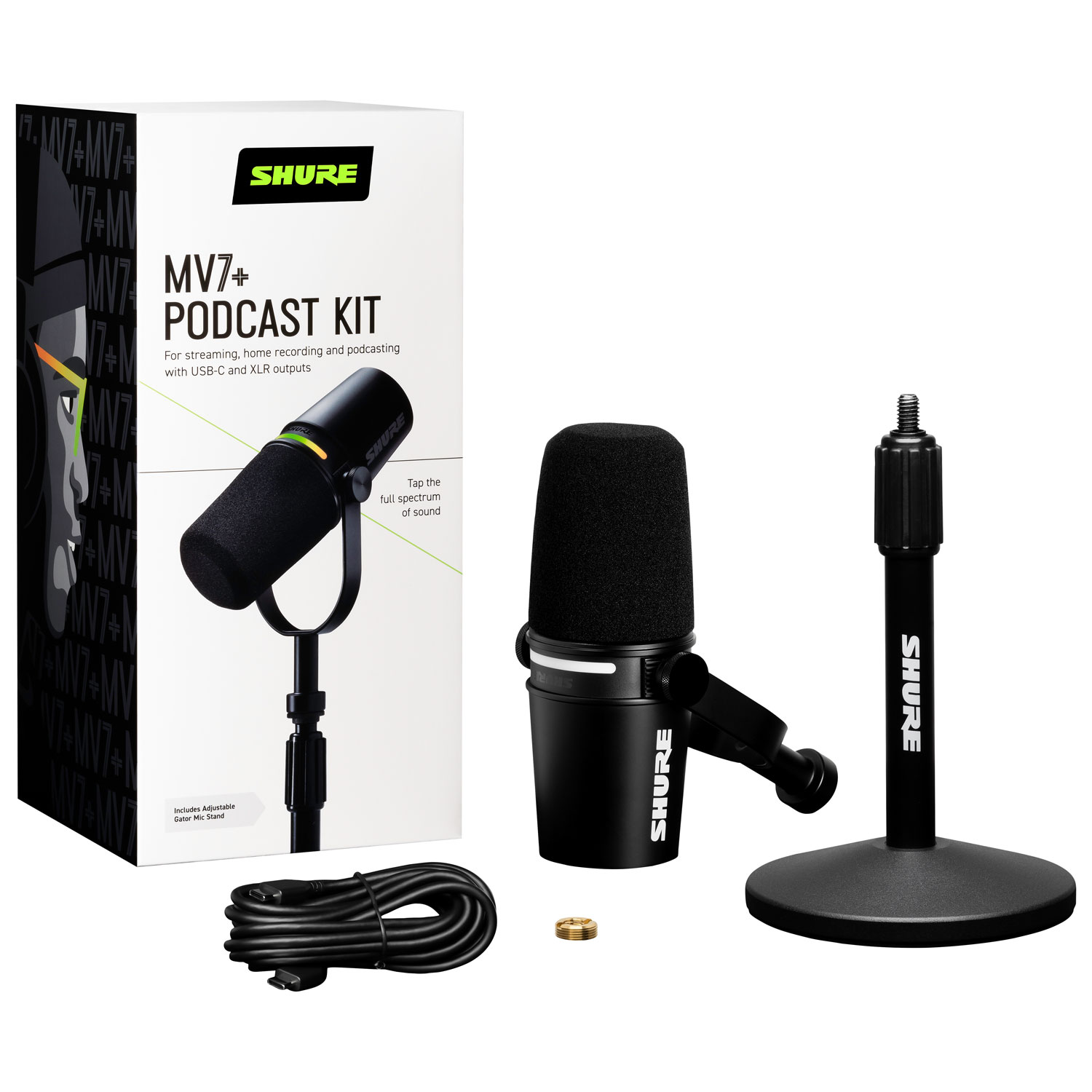 Microphone dynamique XLR/USB-C MV7+-K de Shure avec support - Noir
