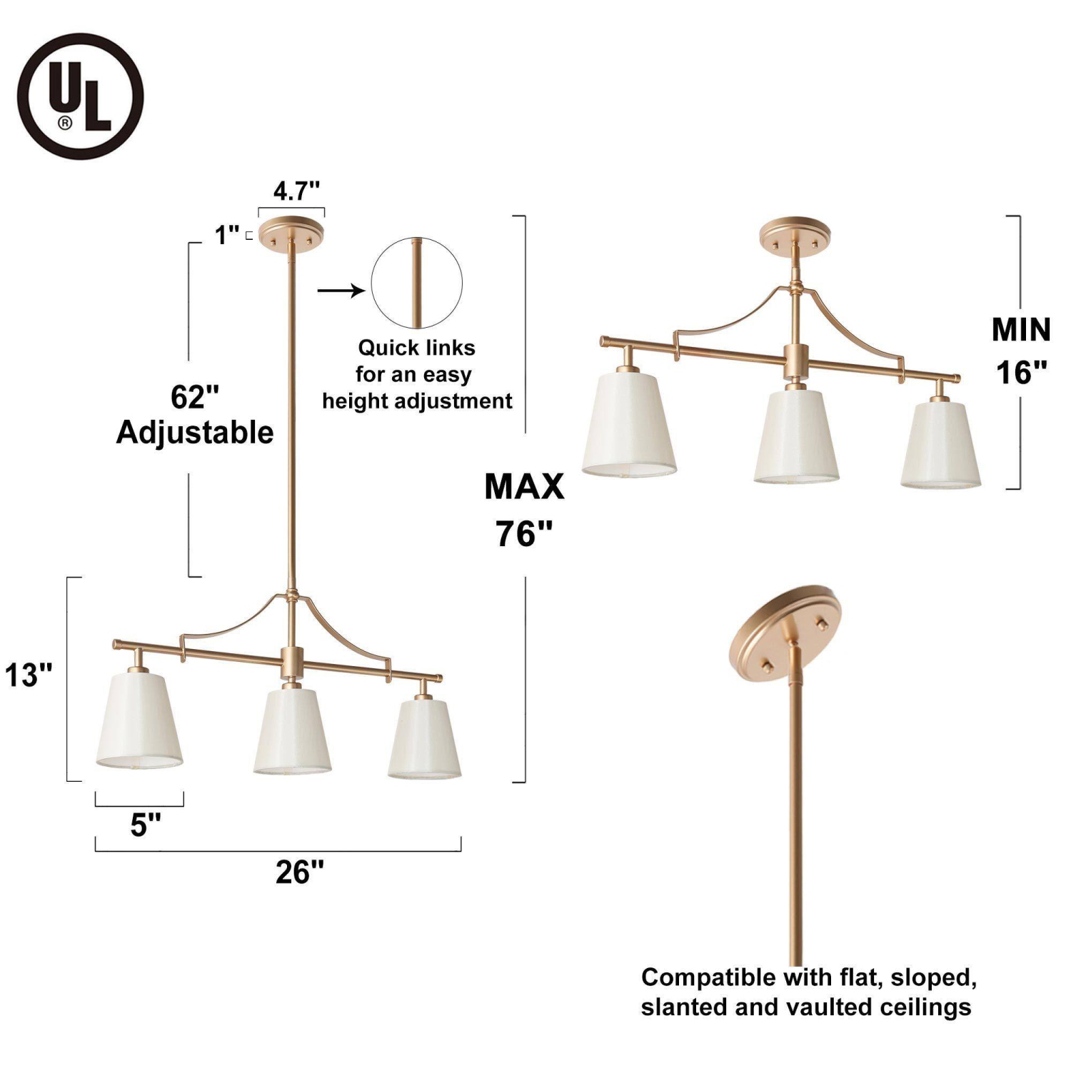 Modern Farmhouse Gold Bedroom Chandelier, 32 in. 3-Light Kitchen Island Linear Pendant Light with Fabric Shade