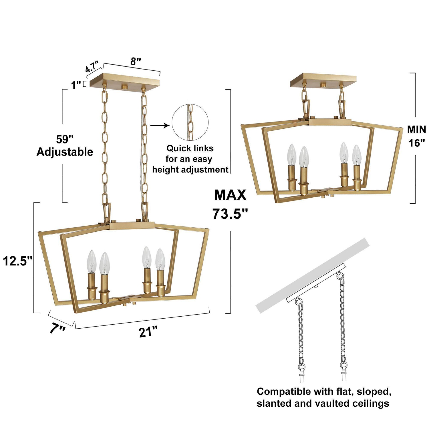 Modern Minimalist Gold Bedroom Chandelier, 4-Light Transitional Mid-century Kitchen Dining Room Candlestick Chandelier Ceiling Light