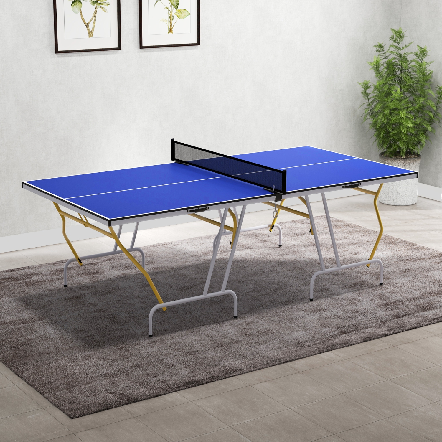 Soozier 9' x 5' Full Size Ping Pong Table, Fold Into Quarters, Portable Table Tennis Table with Net, Paddles, Balls, MDF, Blue
