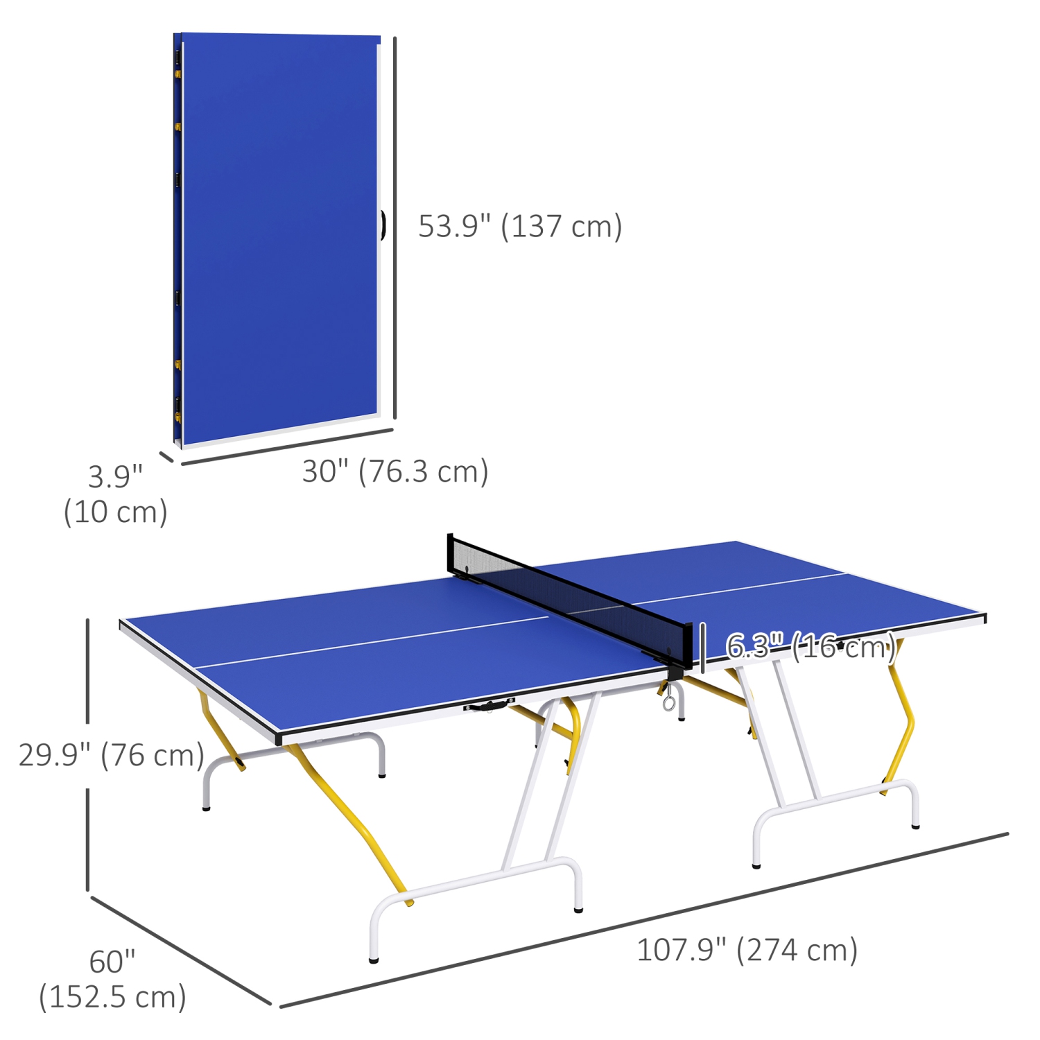 Soozier 9' x 5' Full Size Ping Pong Table, Fold Into Quarters, Portable Table Tennis Table with Net, Paddles, Balls, MDF, Blue