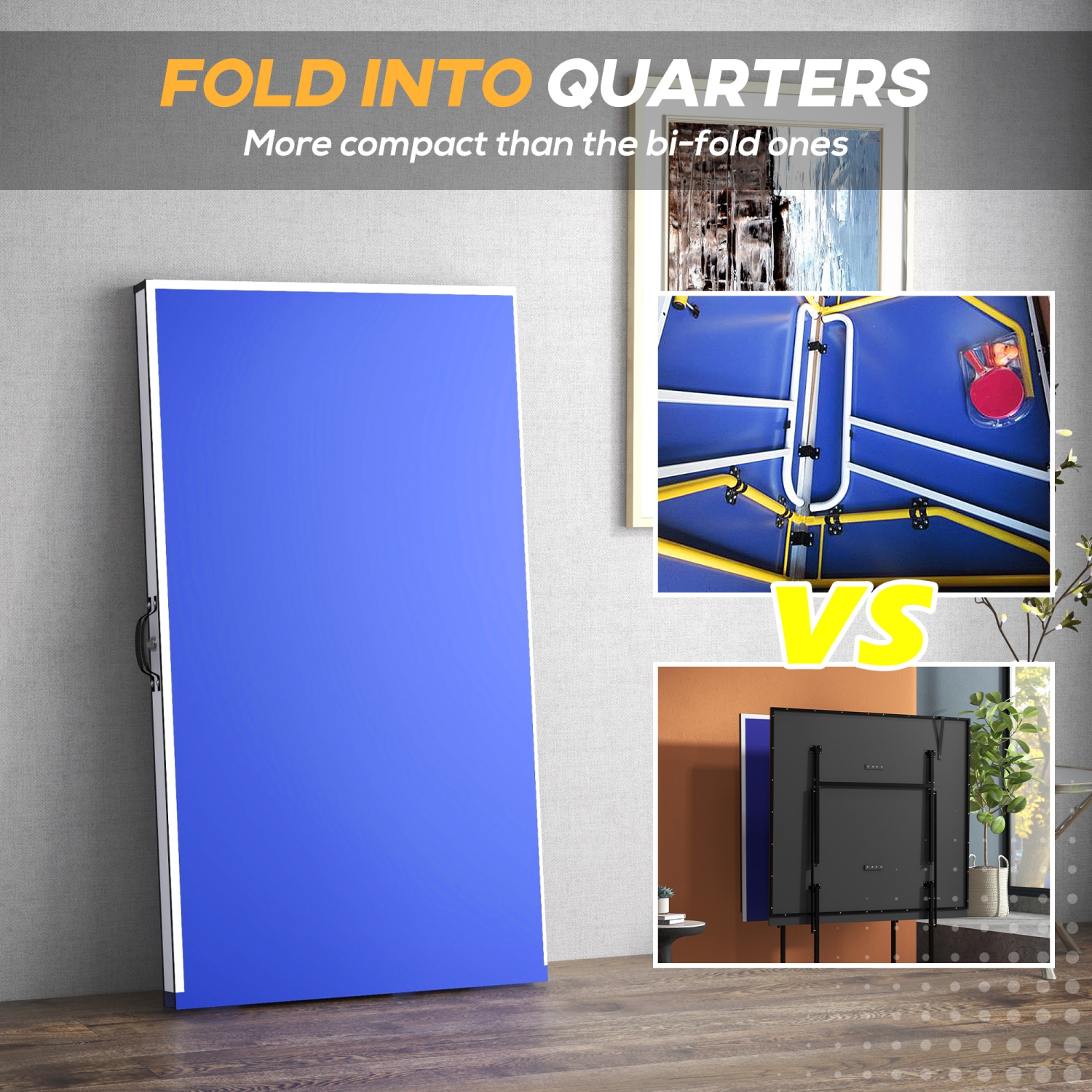 Soozier 9' x 5' Full Size Ping Pong Table, Fold Into Quarters, Portable Table Tennis Table with Net, Paddles, Balls, MDF, Blue