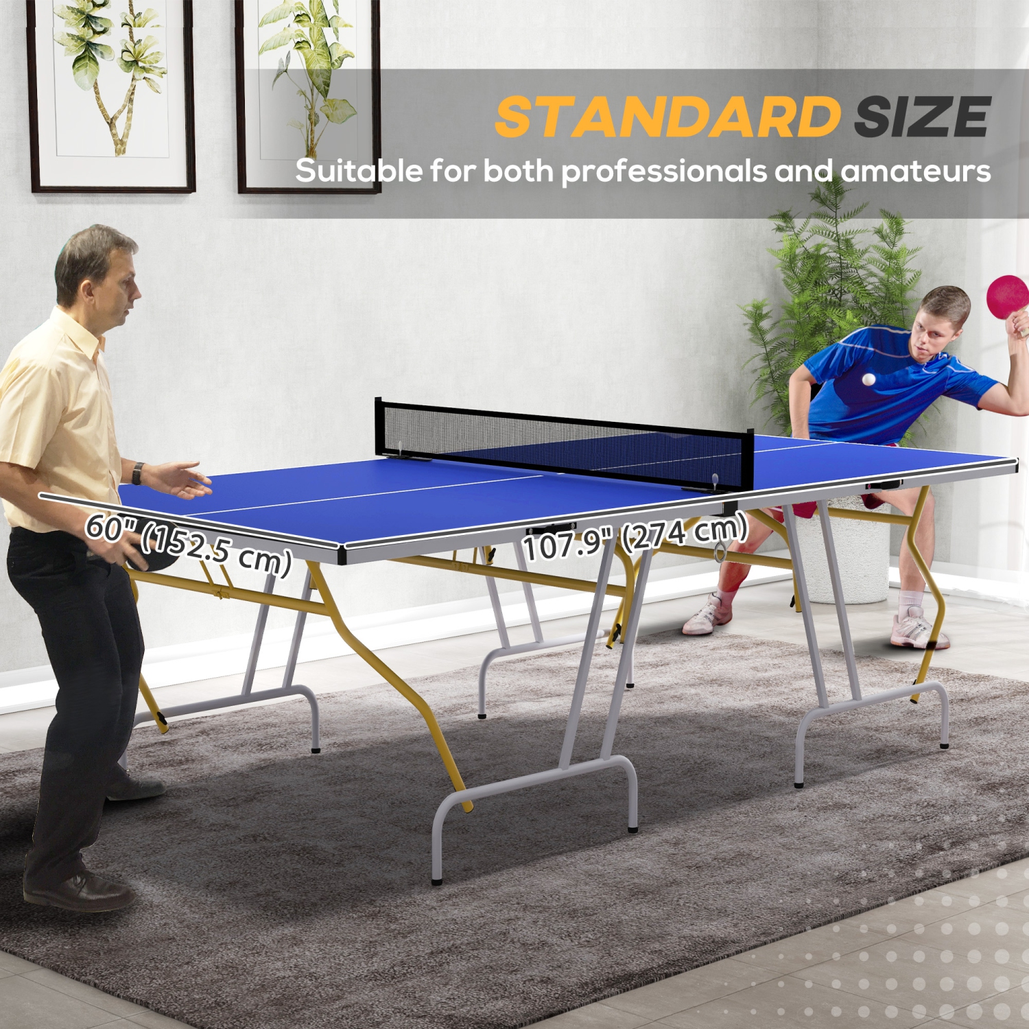 Soozier 9' x 5' Full Size Ping Pong Table, Fold Into Quarters, Portable Table Tennis Table with Net, Paddles, Balls, MDF, Blue