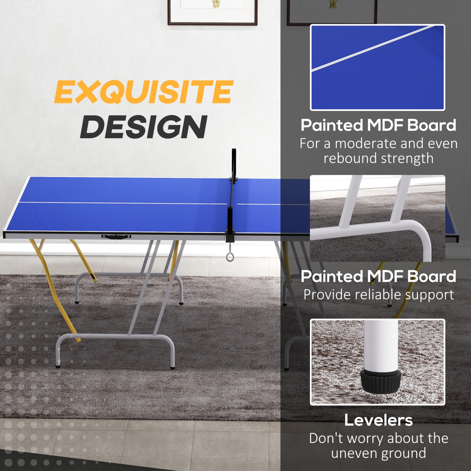 Soozier 9' x 5' Full Size Ping Pong Table, Fold Into Quarters, Portable Table Tennis Table with Net, Paddles, Balls, MDF, Blue