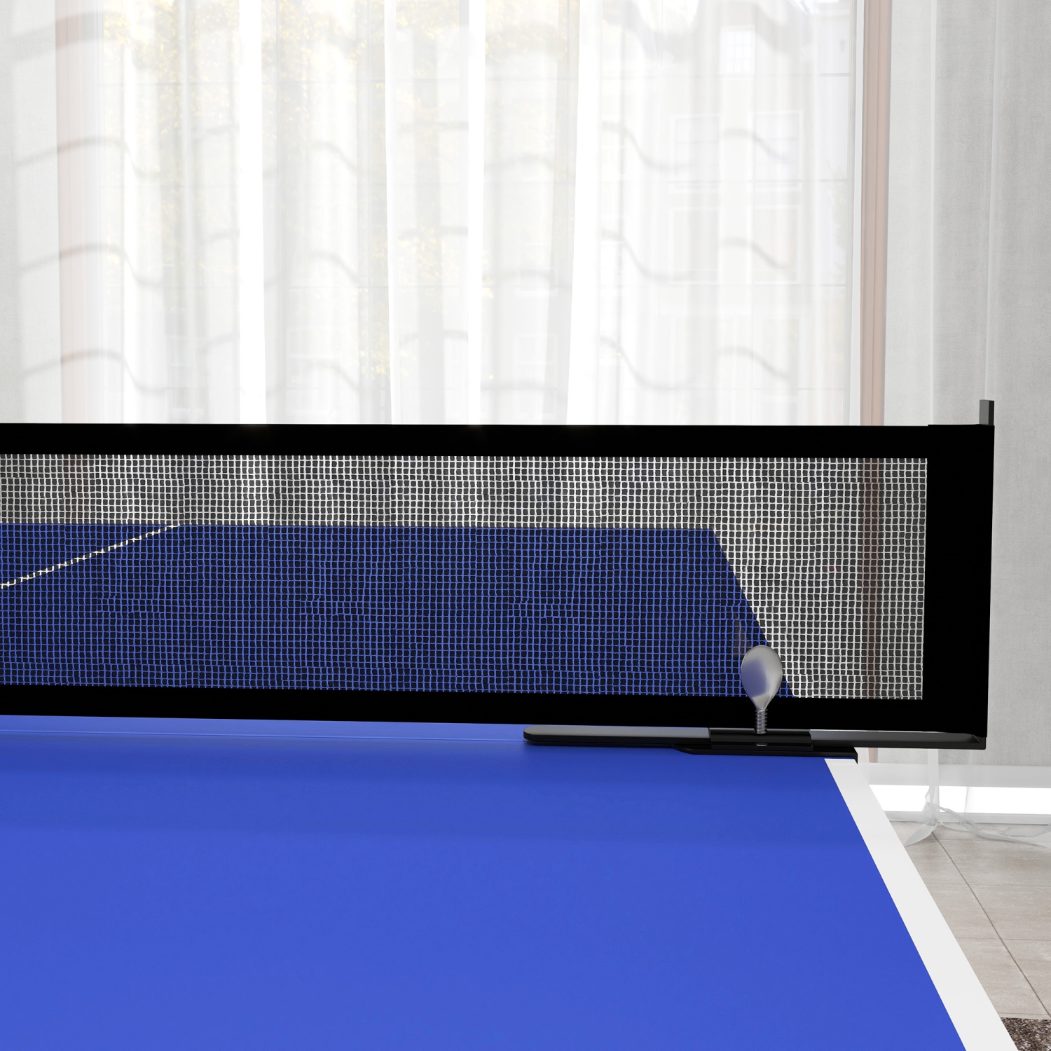 Soozier 9' x 5' Full Size Ping Pong Table, Fold Into Quarters, Portable Table Tennis Table with Net, Paddles, Balls, MDF, Blue