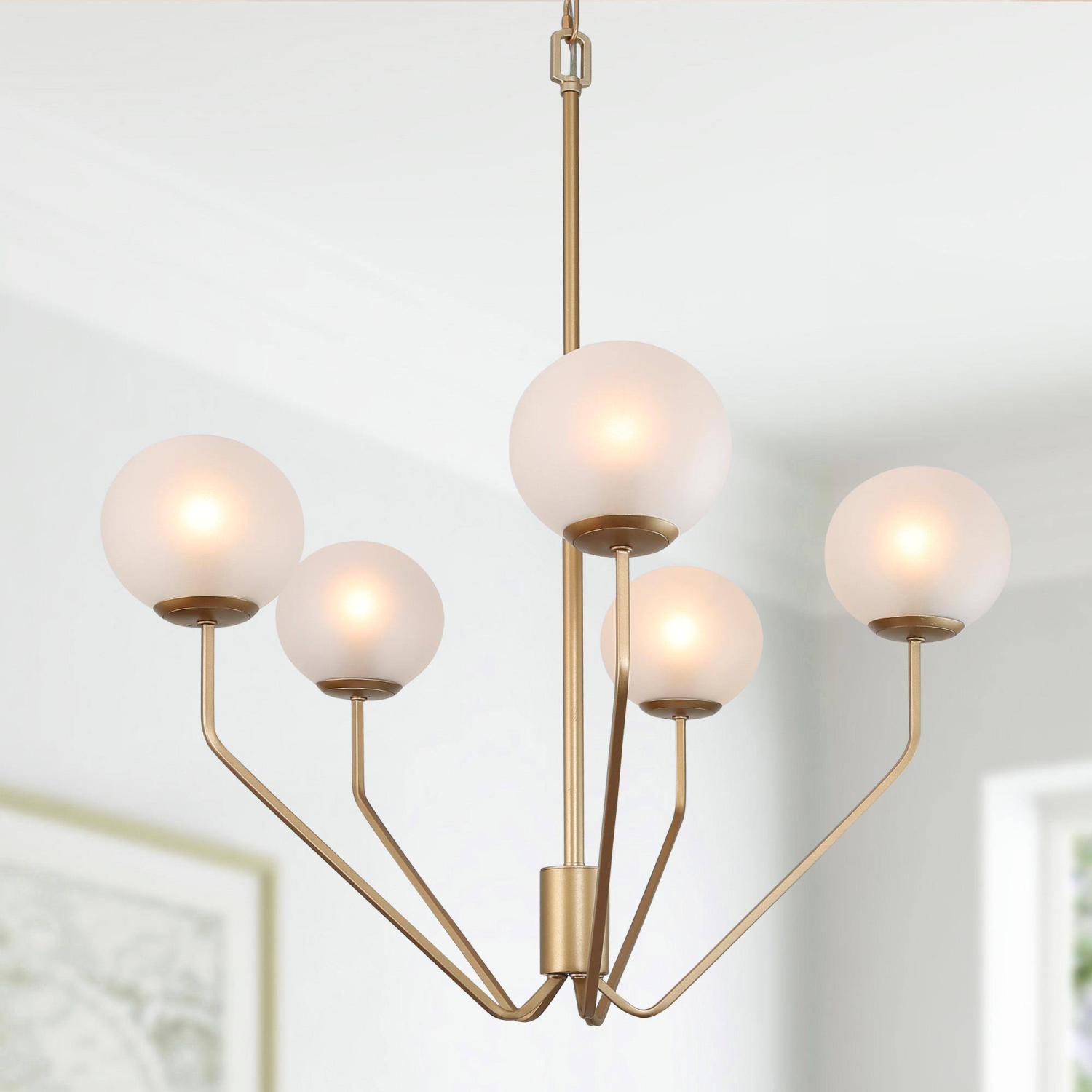 Mid-Century Modern Living Room Chandelier, 5-Light Brass Gold with Frosted Globe Glass Modern/Contemporary LED Dry Rated Chandelier