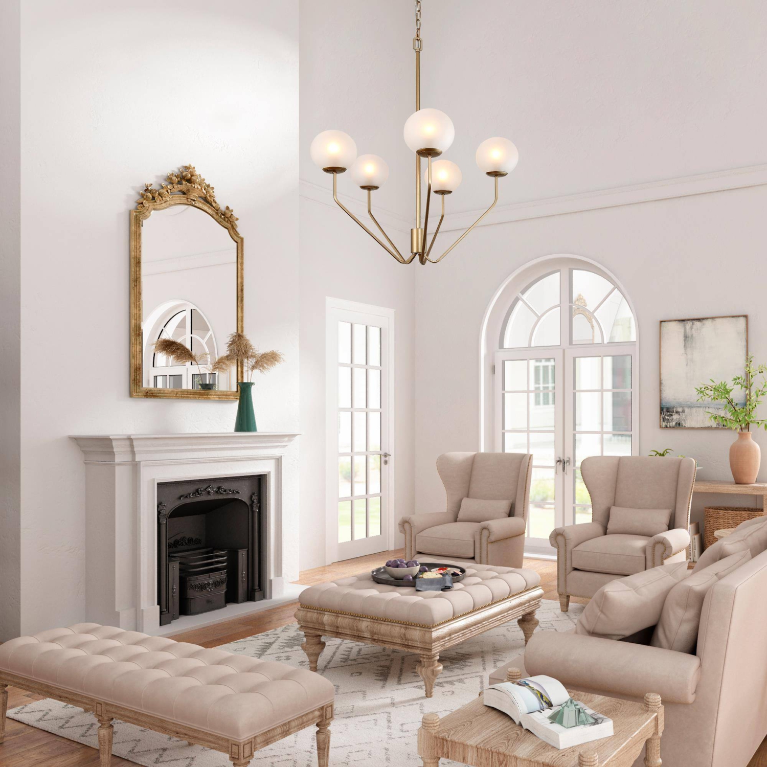 Mid-Century Modern Living Room Chandelier, 5-Light Brass Gold with Frosted Globe Glass Modern/Contemporary LED Dry Rated Chandelier