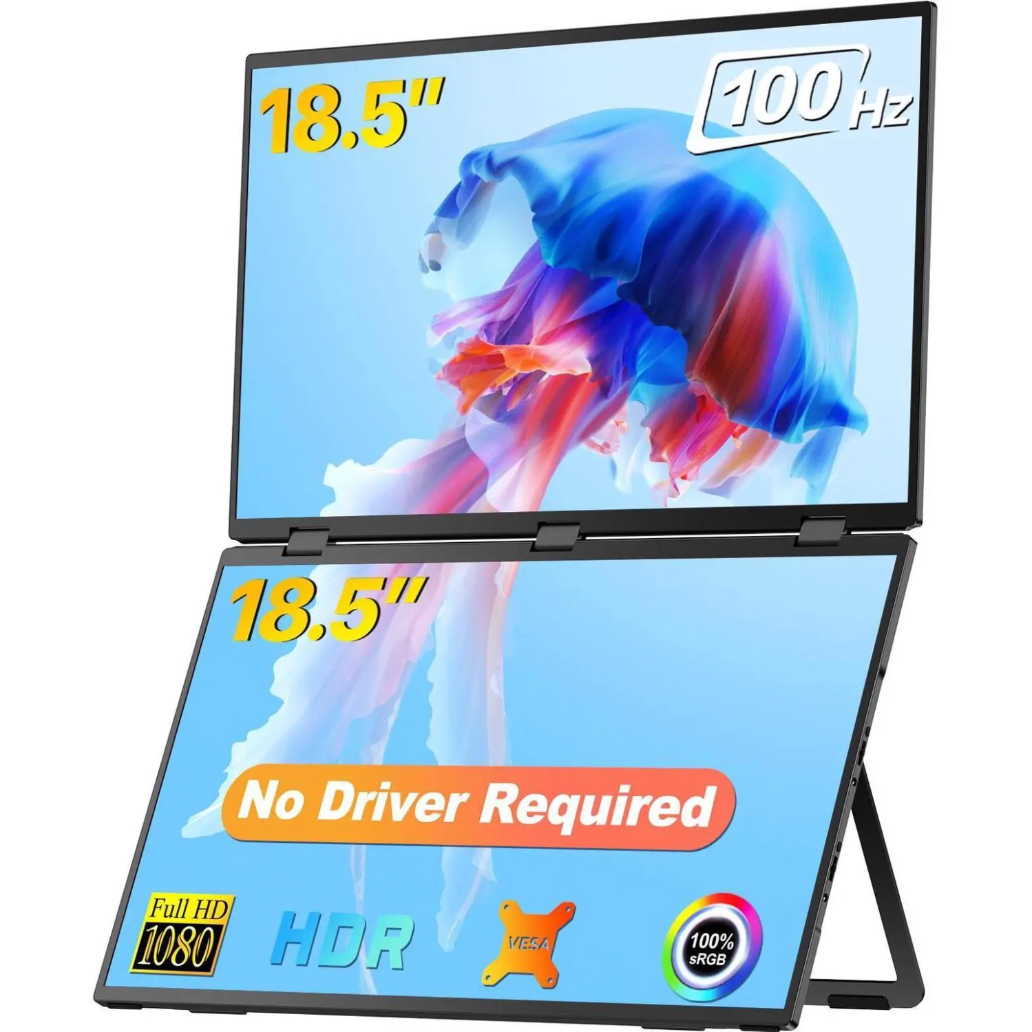 UPERFECT 18.5" Delta Dual Portable Monitor - 100Hz 1080P HDR 360° Folding Screen Extender | Stand & VESA Mount | Plug & Play No Driver for