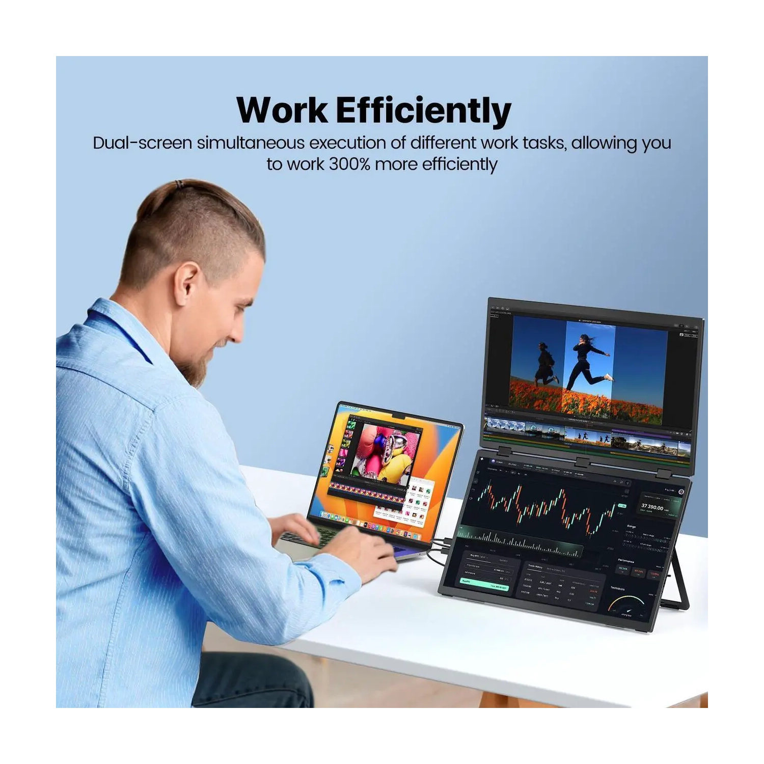 UPERFECT 18.5" Delta Dual Portable Monitor - 100Hz 1080P HDR 360° Folding Screen Extender | Stand & VESA Mount | Plug & Play No Driver for