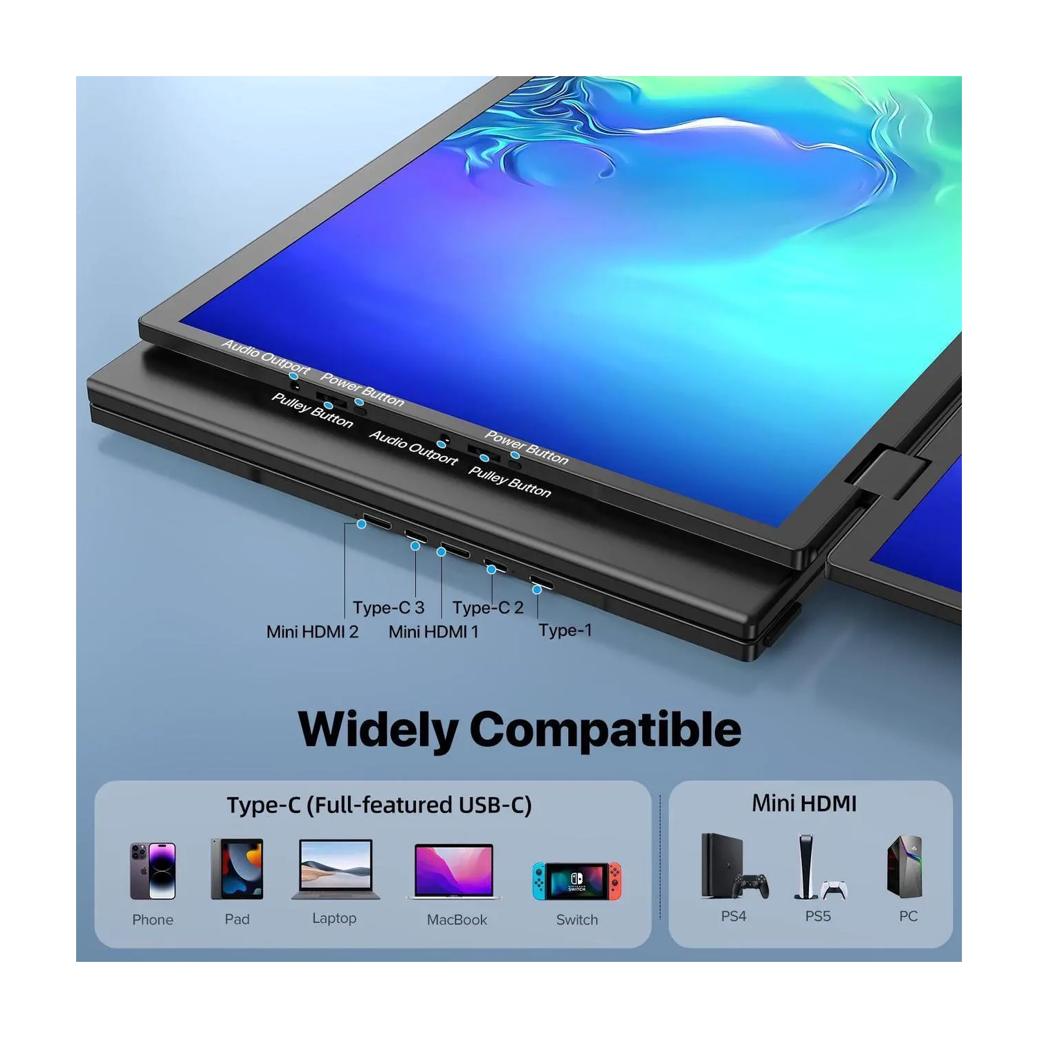 UPERFECT 18.5" Delta Dual Portable Monitor - 100Hz 1080P HDR 360° Folding Screen Extender | Stand & VESA Mount | Plug & Play No Driver for