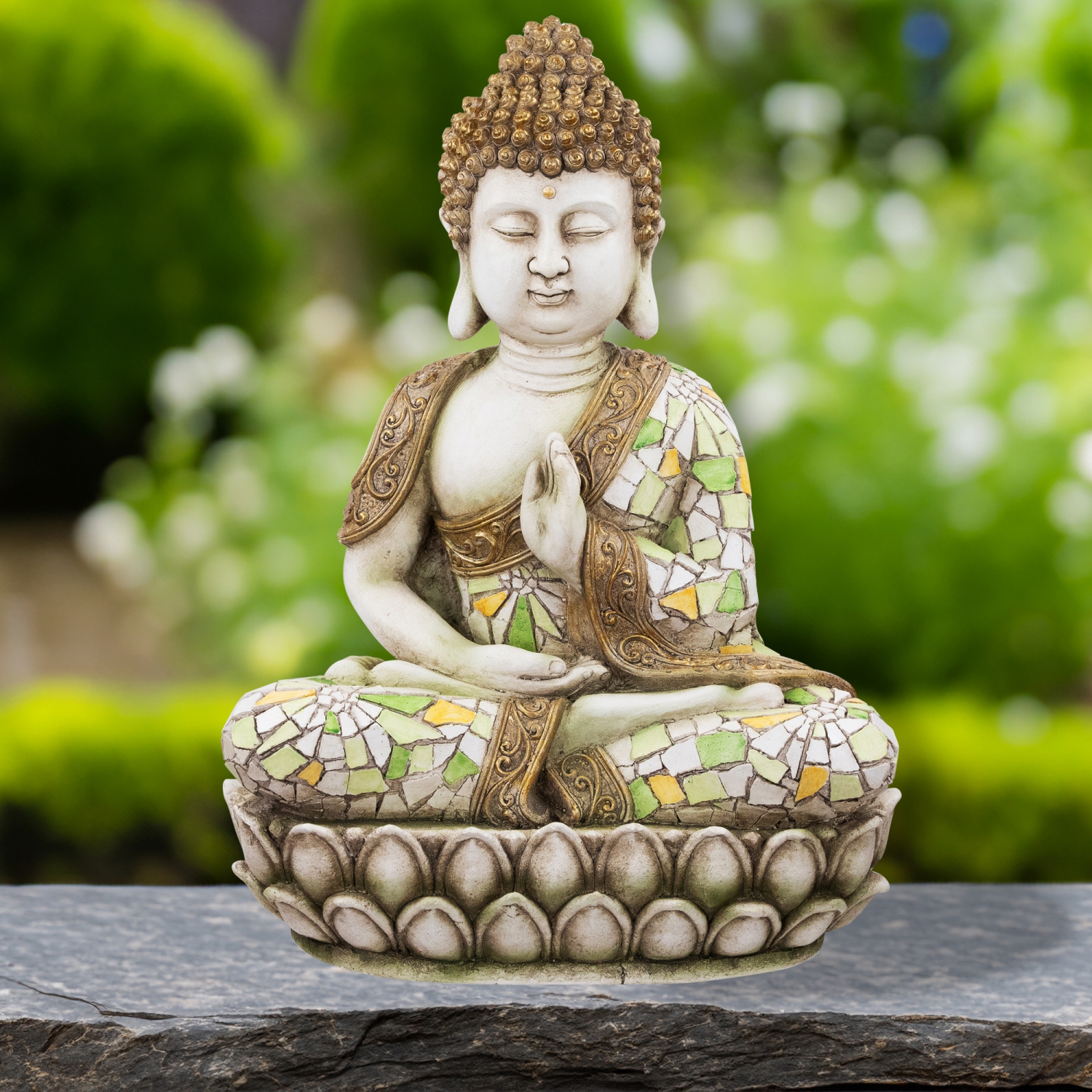 Meditating Mosaic Buddha Outdoor Ceramic Garden Statue - 19.5"