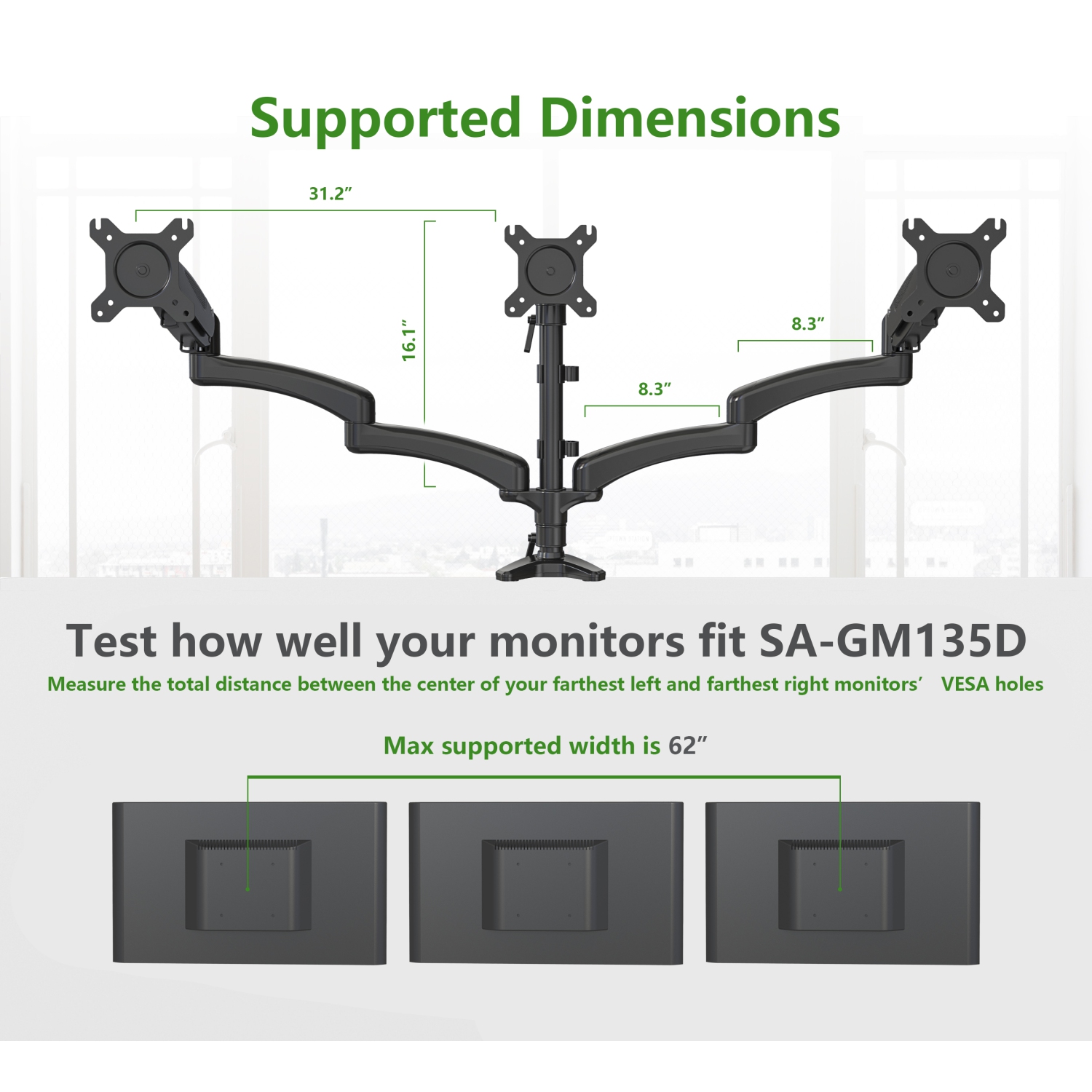 Refurbished - SHOPPINGALL Fully Adjustable Triple Gas Spring LCD Monitor Arm Desk Mount Stand with 2 Swing Arms for Three 15"-32" Monitors -