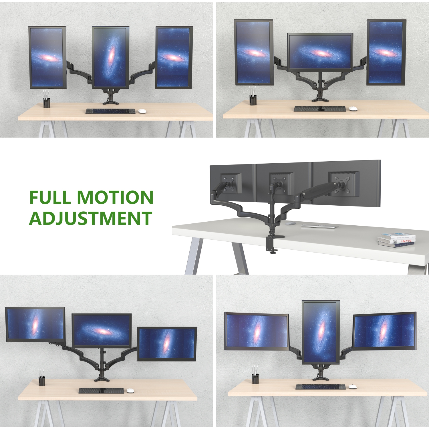 Refurbished - SHOPPINGALL Fully Adjustable Triple Gas Spring LCD Monitor Arm Desk Mount Stand with 2 Swing Arms for Three 15"-32" Monitors -