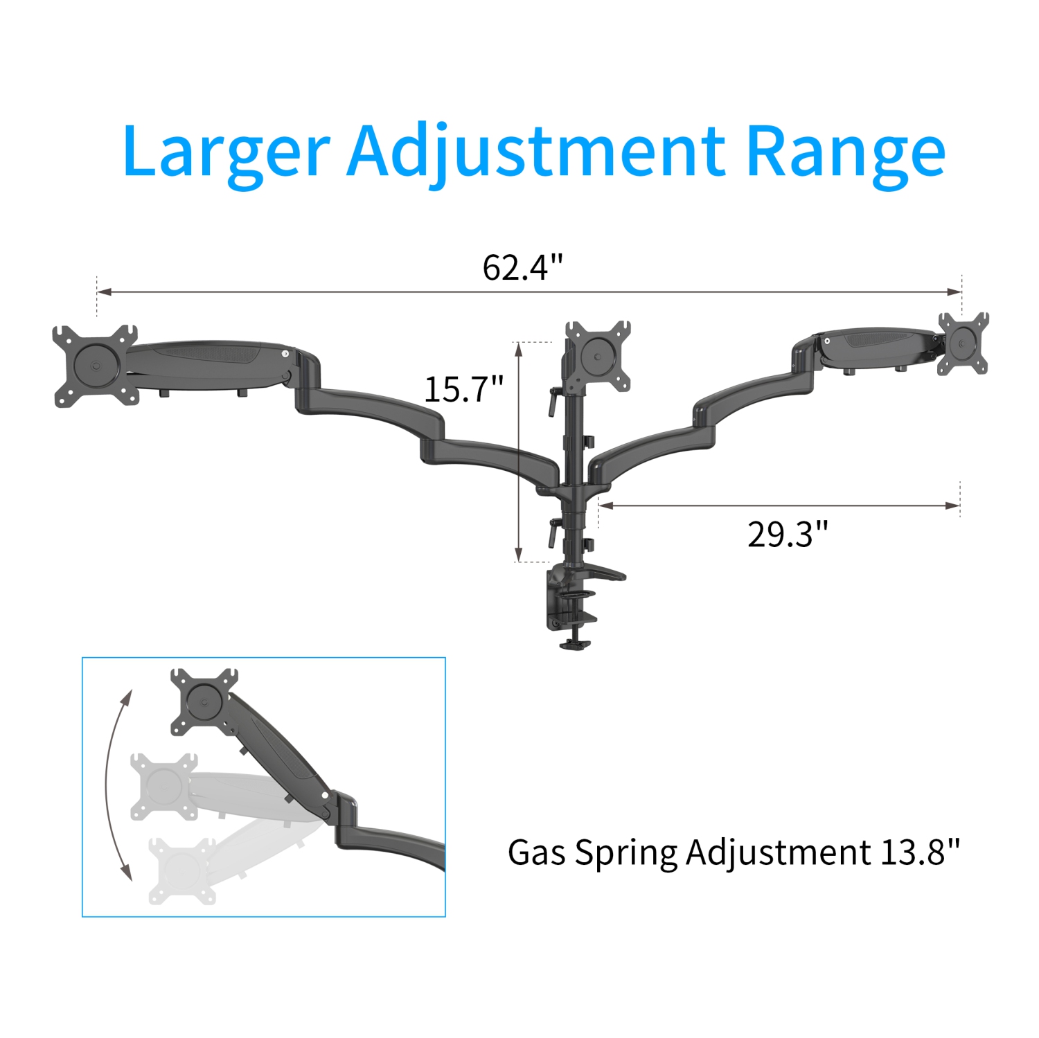 Refurbished - SHOPPINGALL Fully Adjustable Triple Gas Spring LCD Monitor Arm Desk Mount Stand with 2 Swing Arms for Three 15"-32" Monitors -