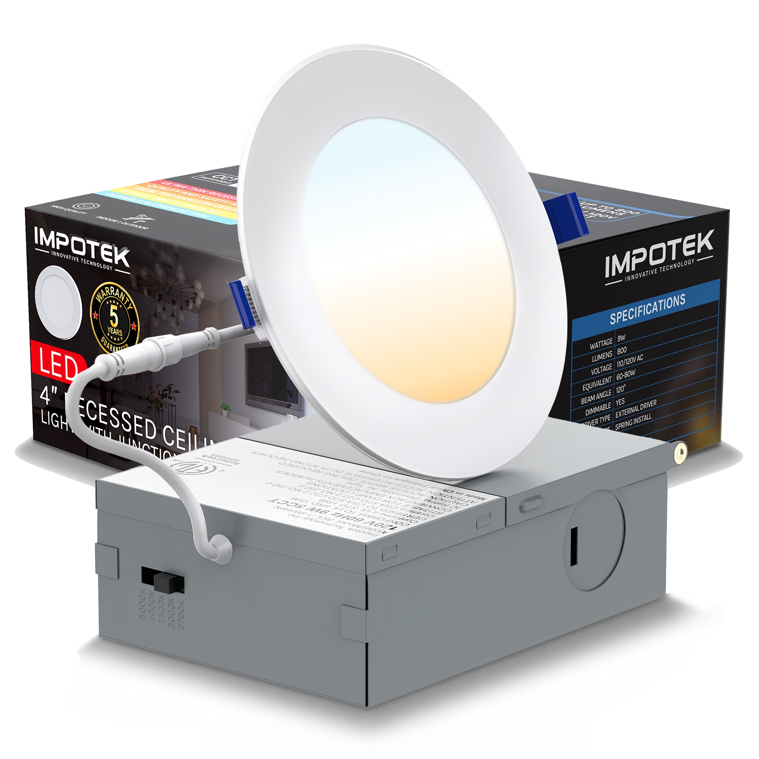 IMPOTEK 4 Inch 5 CCT LED Recessed Ceiling Light with Junction Box, 2700K/3000K/3500K/4000K/5000K, Dimmable IC Rated ETL Energy Star Listed 9W 800LM -