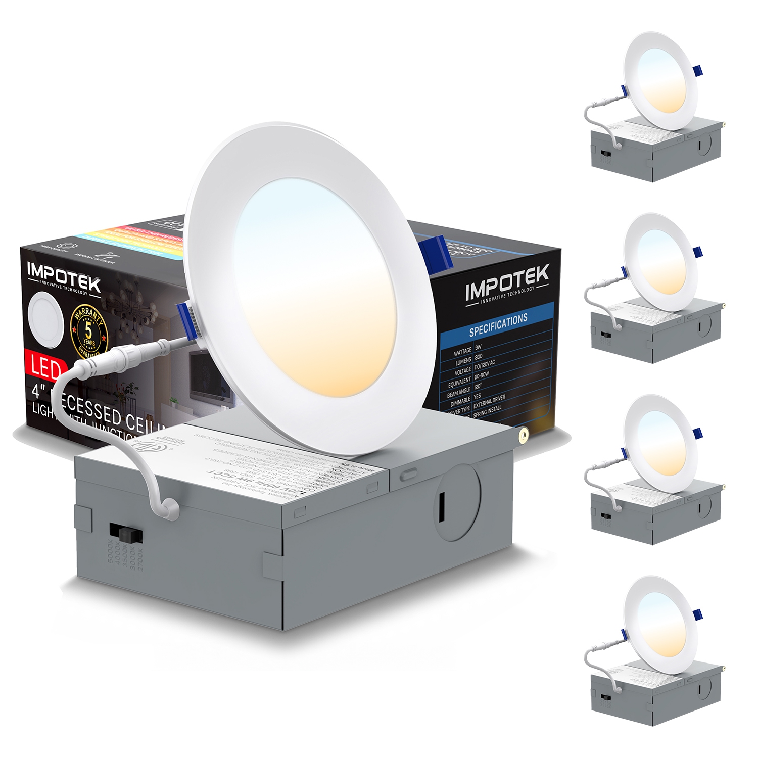 IMPOTEK 4 Inch 5 CCT LED Recessed Ceiling Light with Junction Box, 2700K/3000K/3500K/4000K/5000K, Dimmable IC Rated ETL Energy Star Listed 9W 800LM -