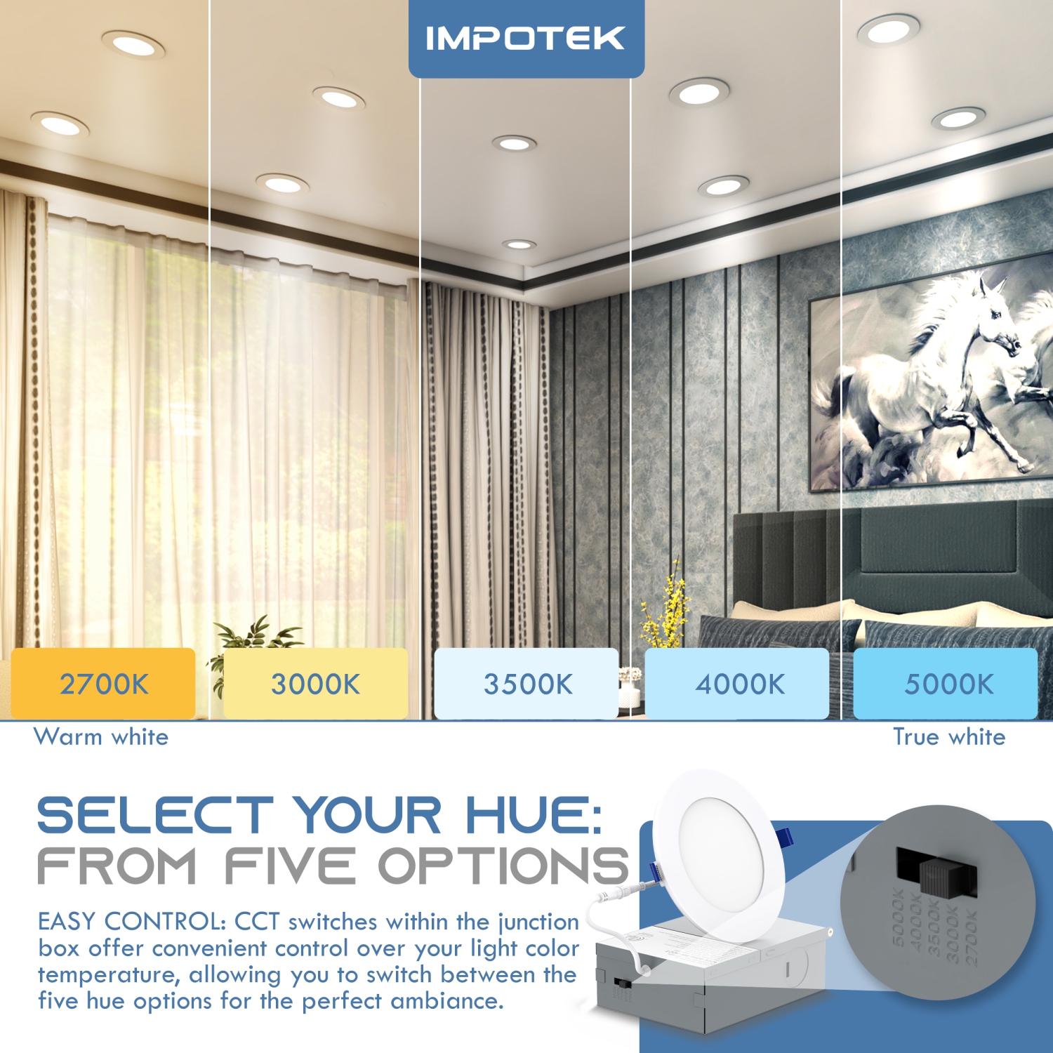 IMPOTEK 4 Inch 5 CCT LED Recessed Ceiling Light with Junction Box, 2700K/3000K/3500K/4000K/5000K, Dimmable IC Rated ETL Energy Star Listed 9W 800LM -