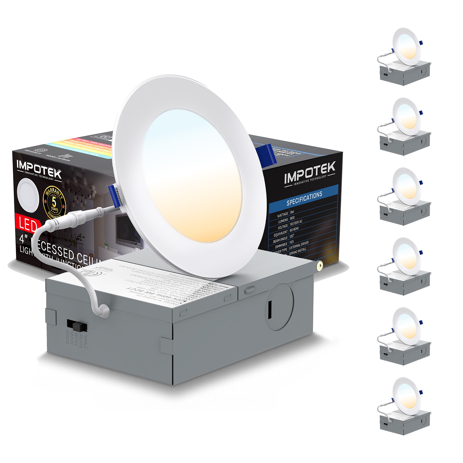 IMPOTEK 4 Inch 5 CCT LED Recessed Ceiling Light with Junction Box, 2700K/3000K/3500K/4000K/5000K, Dimmable IC Rated ETL Energy Star Listed 9W 800LM -