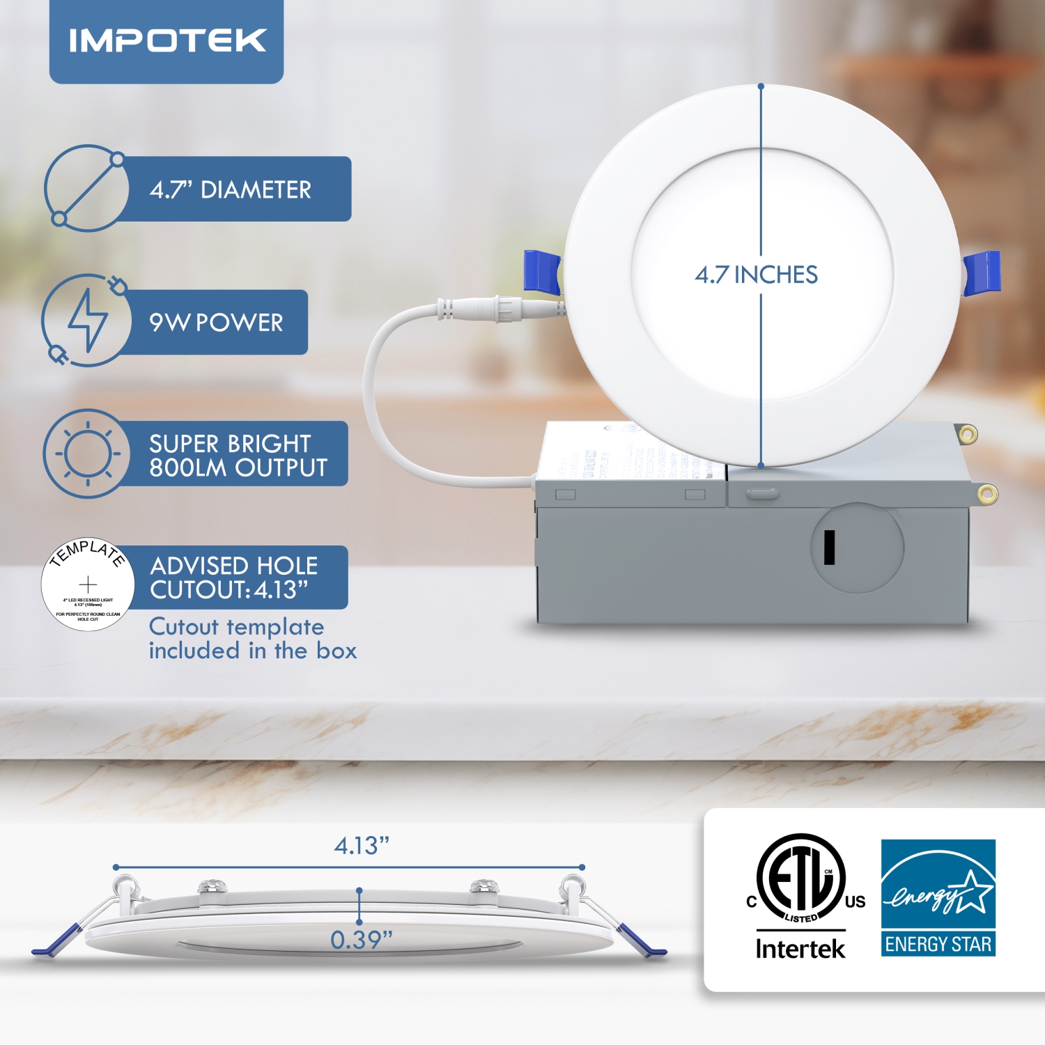 IMPOTEK 4 Inch 5 CCT LED Recessed Ceiling Light with Junction Box, 2700K/3000K/3500K/4000K/5000K, Dimmable IC Rated ETL Energy Star Listed 9W 800LM -
