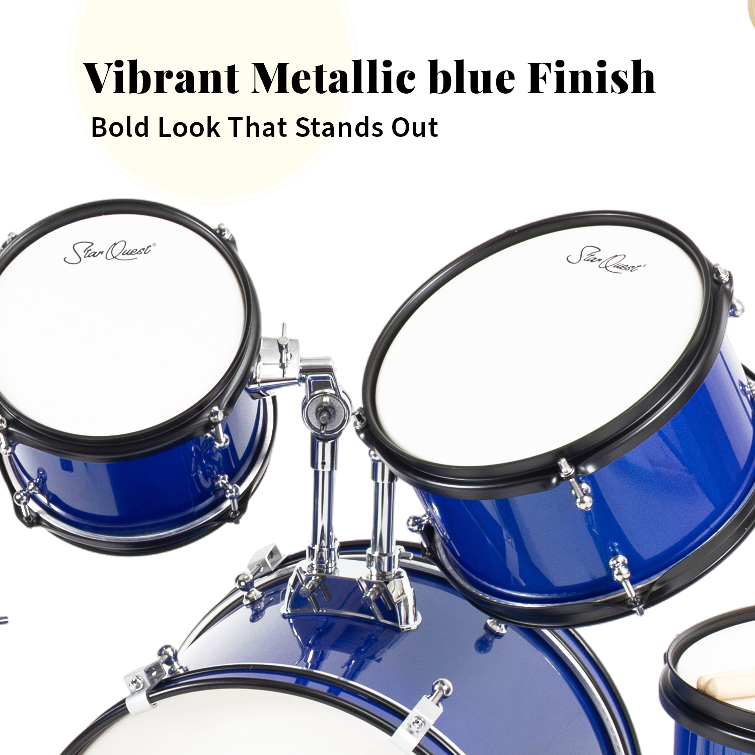 Batterie 5 pièces SQ-DS-JR5-MBL Junior de StarQuest – Fini bleu métallique haut de gamme avec guitare basse, caisse claire, tom et cymbale Crash –