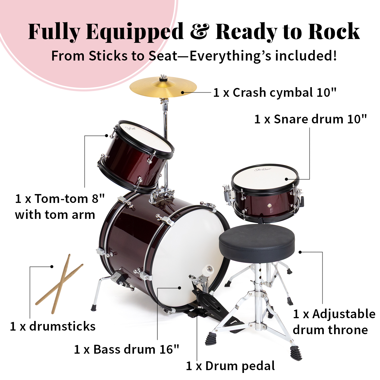 Ensemble de batterie 3 pièces Junior de StarQuest – Fini rouge vin métallique haut de gamme avec guitare basse, caisse claire, tom et cymbale Crash –