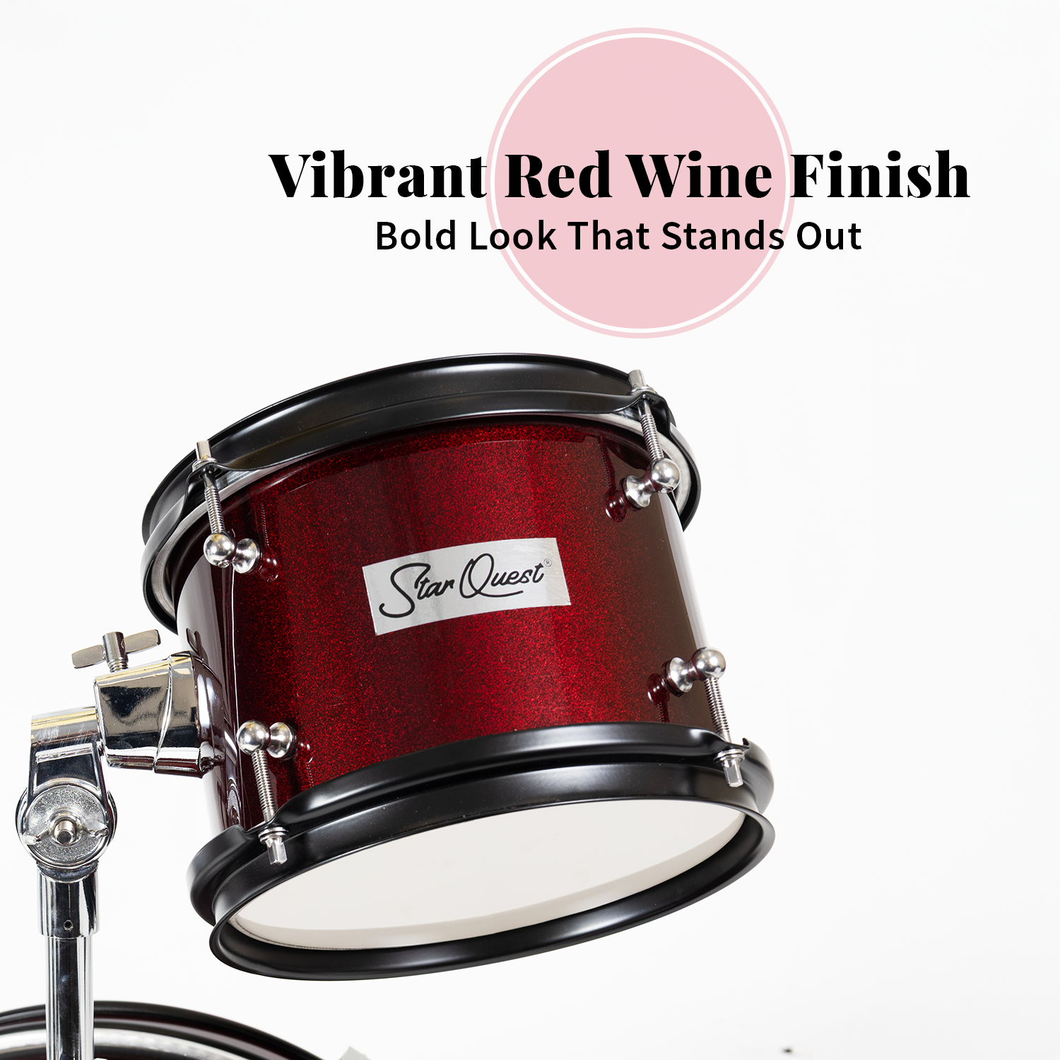 Ensemble de batterie 3 pièces Junior de StarQuest – Fini rouge vin métallique haut de gamme avec guitare basse, caisse claire, tom et cymbale Crash –
