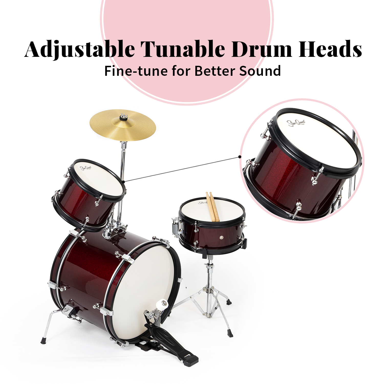 Ensemble de batterie 3 pièces Junior de StarQuest – Fini rouge vin métallique haut de gamme avec guitare basse, caisse claire, tom et cymbale Crash –