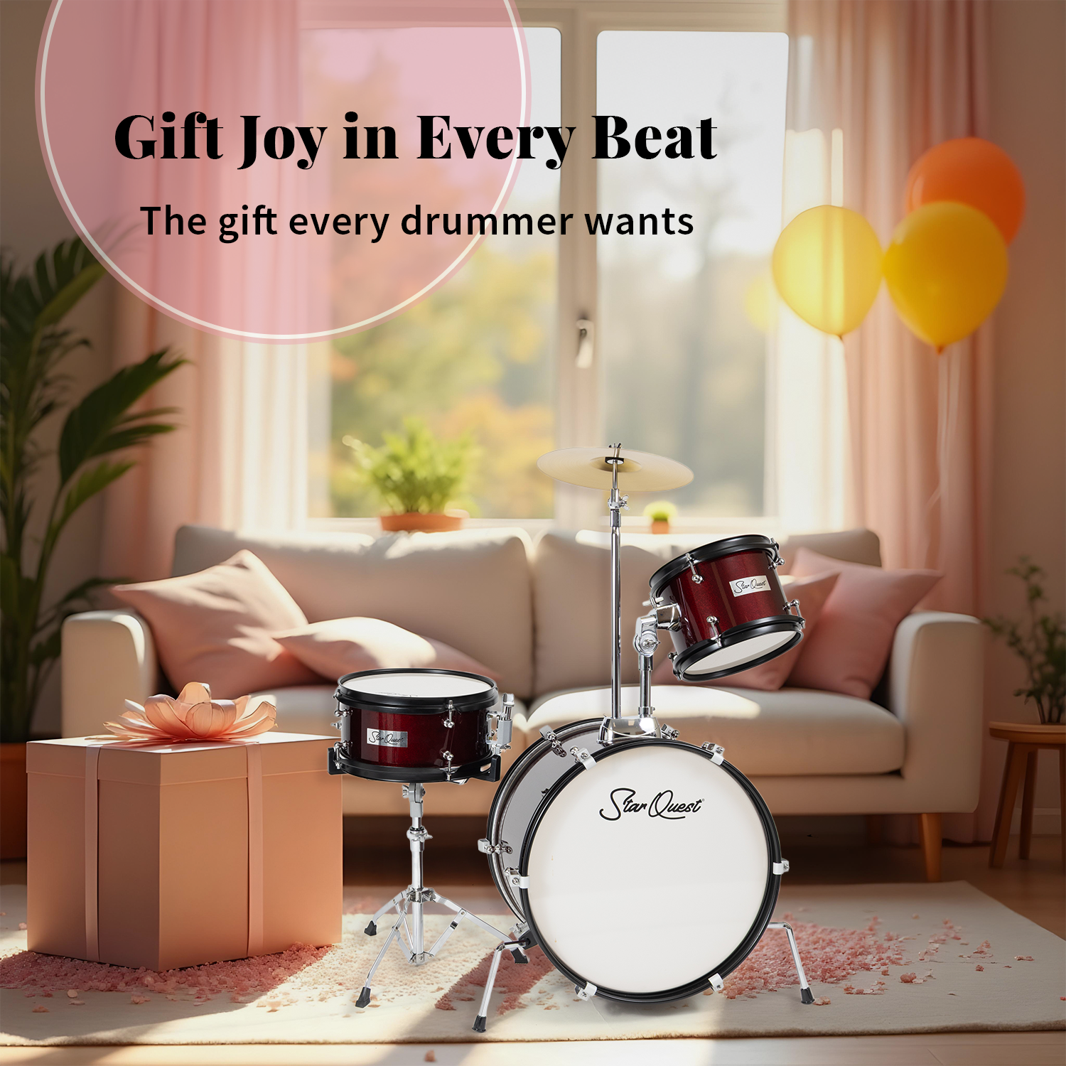 Ensemble de batterie 3 pièces Junior de StarQuest – Fini rouge vin métallique haut de gamme avec guitare basse, caisse claire, tom et cymbale Crash –