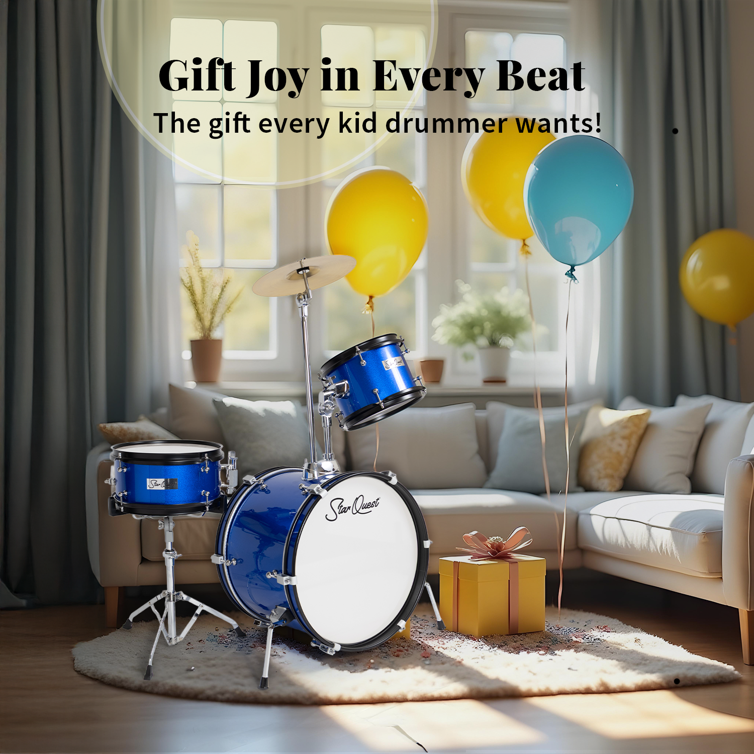 Ensemble de batterie 3 pièces Junior de StarQuest – Fini bleu métallique haut de gamme avec guitare basse, caisse claire, tom et cymbale Crash –