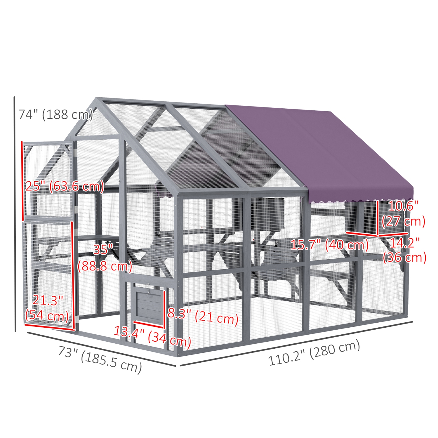 PawHut Extra Large Catio Outdoor Cat Enclosure, 110"L Wooden Feral House with Weatherproof Canopy, Bridges, Resting Boxes, Platforms, Walk in Cat