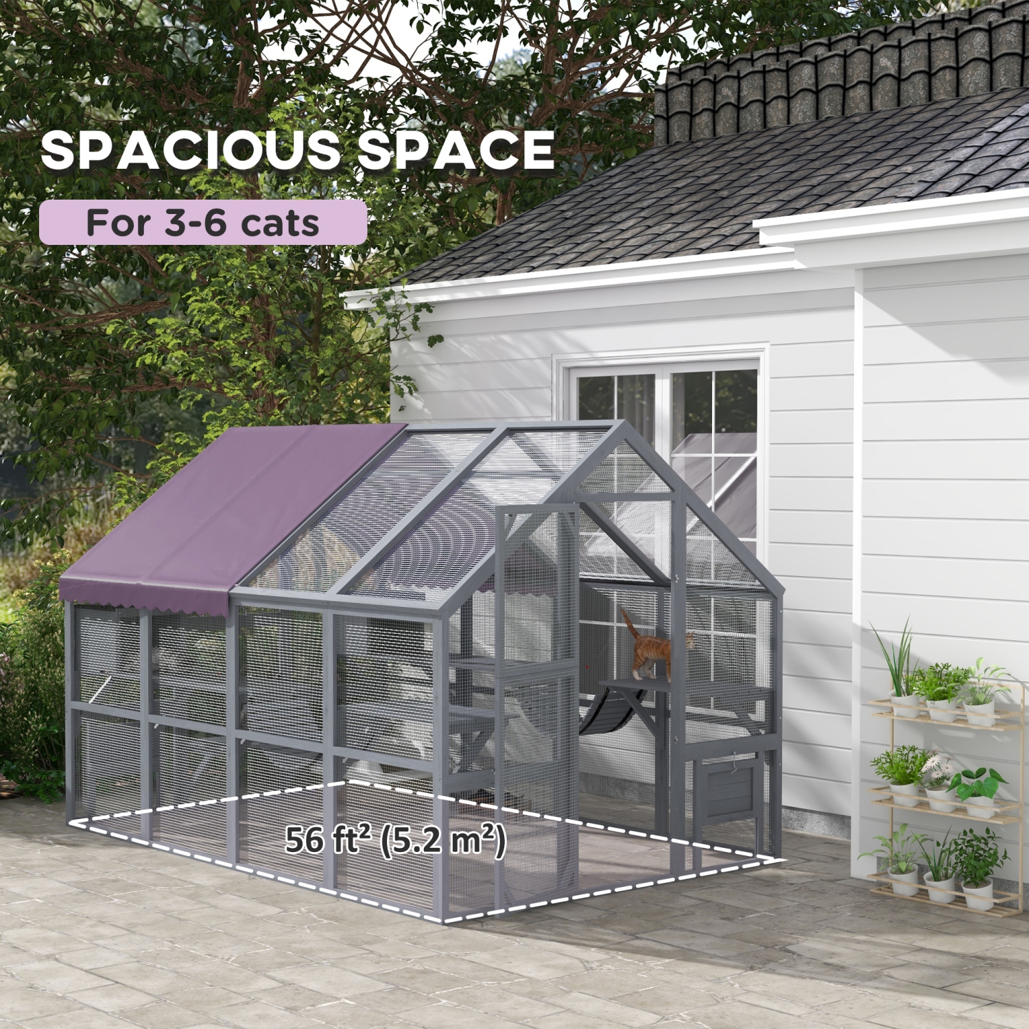 PawHut Extra Large Catio Outdoor Cat Enclosure, 110"L Wooden Feral House with Weatherproof Canopy, Bridges, Resting Boxes, Platforms, Walk in Cat