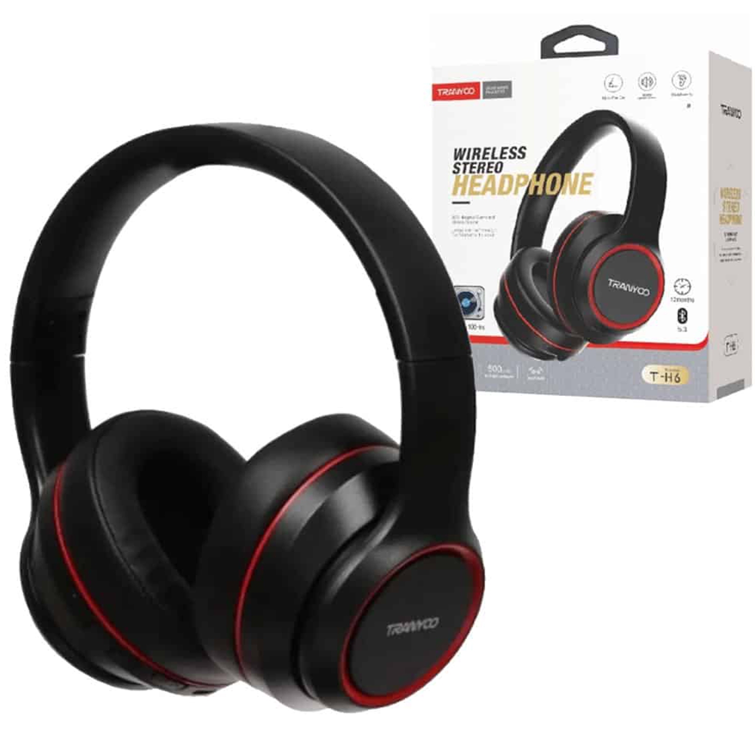 Écouteurs sans fil Bluetooth T-H6 de TRANYOO avec microphone à suppression du bruit; Microphone stéréo intégré; Écouteurs résistants à la sueur