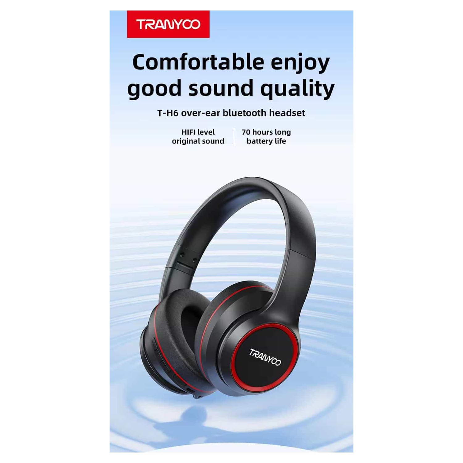 Écouteurs sans fil Bluetooth T-H6 de TRANYOO avec microphone à suppression du bruit; Microphone stéréo intégré; Écouteurs résistants à la sueur