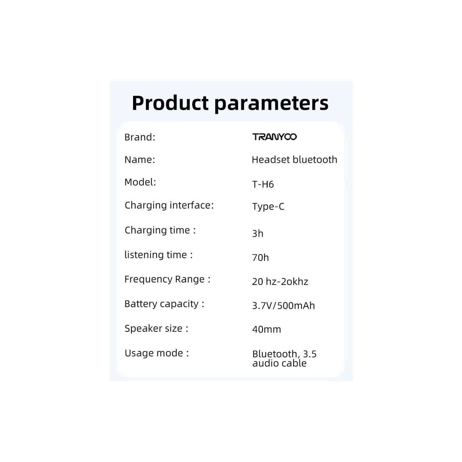 Écouteurs sans fil Bluetooth T-H6 de TRANYOO avec microphone à suppression du bruit; Microphone stéréo intégré; Écouteurs résistants à la sueur