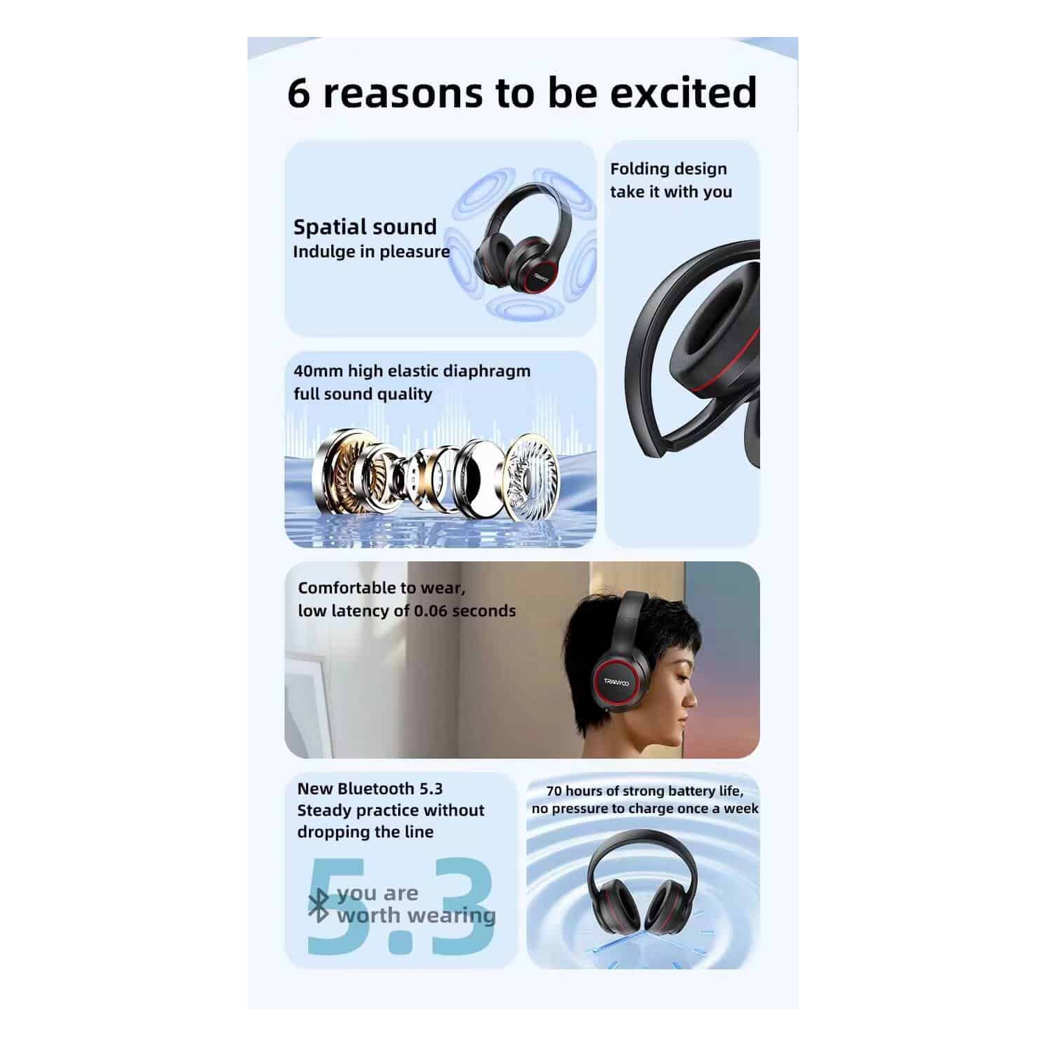 Écouteurs sans fil Bluetooth T-H6 de TRANYOO avec microphone à suppression du bruit; Microphone stéréo intégré; Écouteurs résistants à la sueur