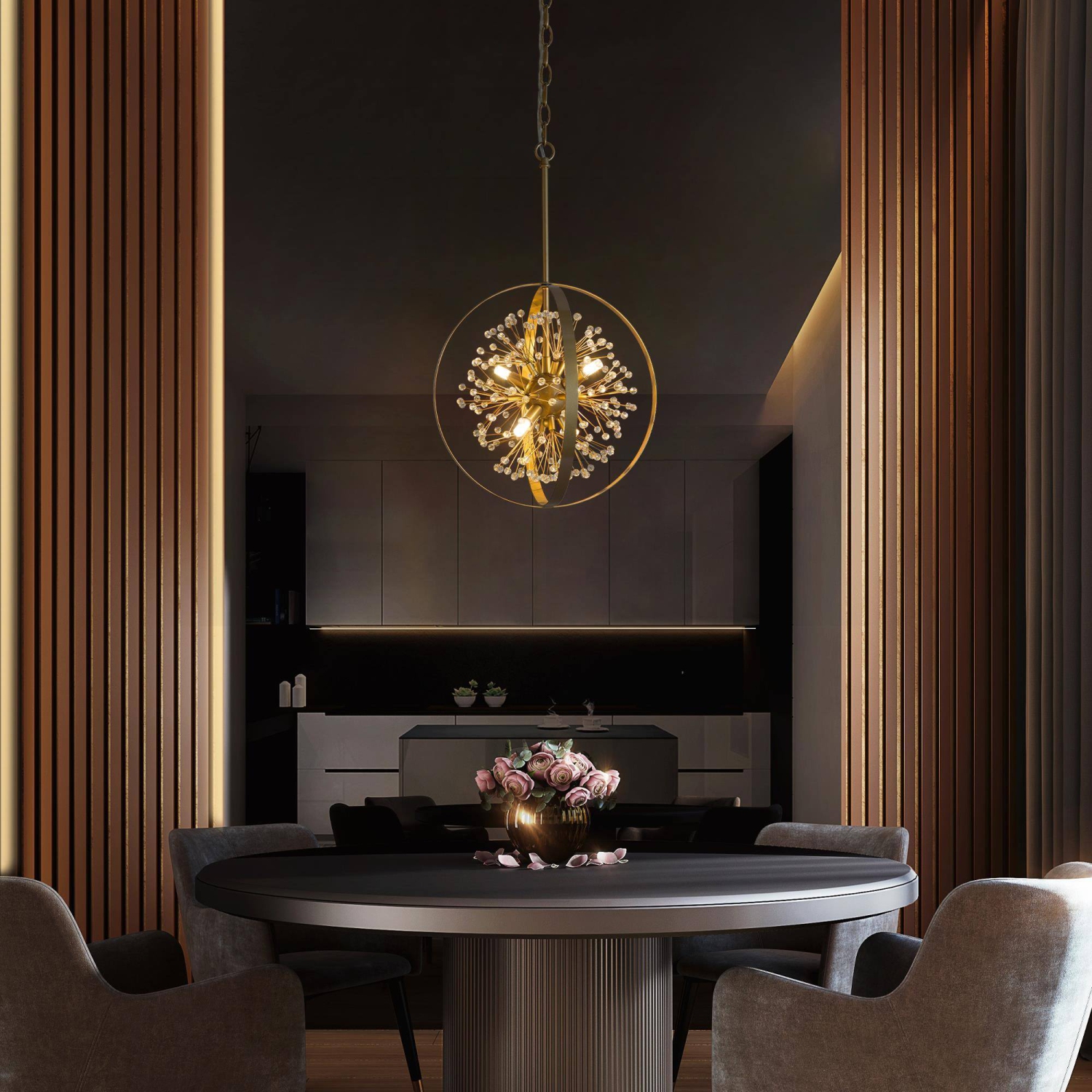 Lustre Gold Drum Dining Room, 4 lampes au fini doré mat, perles Spoutnik Globe moderne/contemporain à DEL, Lustre à sec