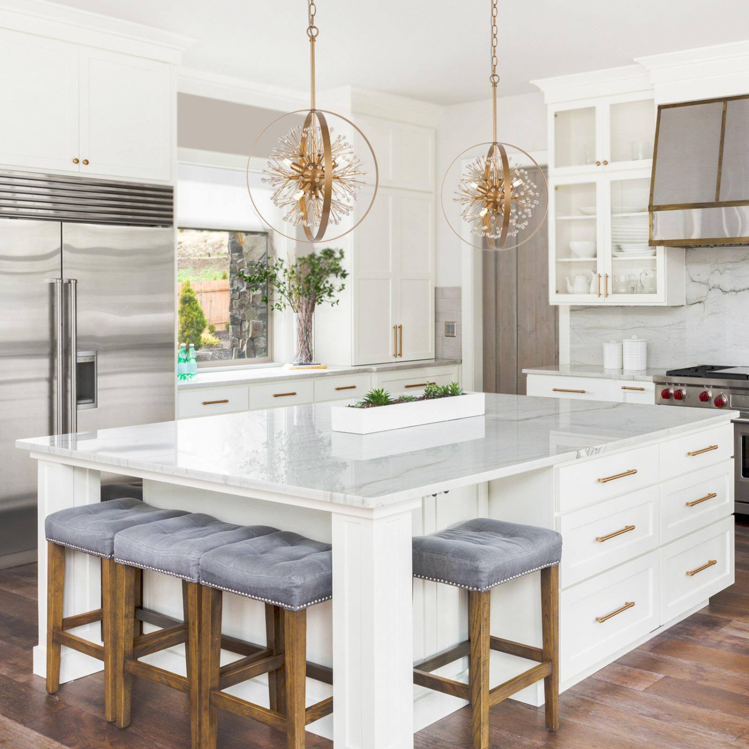 Lustre Gold Drum Dining Room, 4 lampes au fini doré mat, perles Spoutnik Globe moderne/contemporain à DEL, Lustre à sec