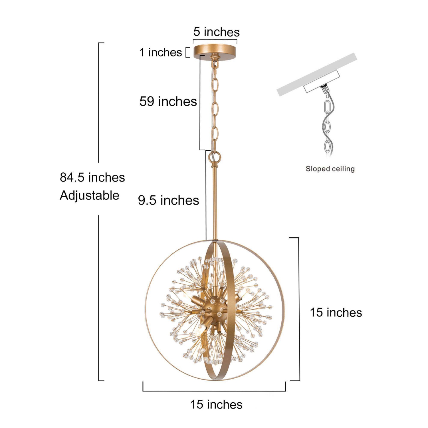 Lustre Gold Drum Dining Room, 4 lampes au fini doré mat, perles Spoutnik Globe moderne/contemporain à DEL, Lustre à sec
