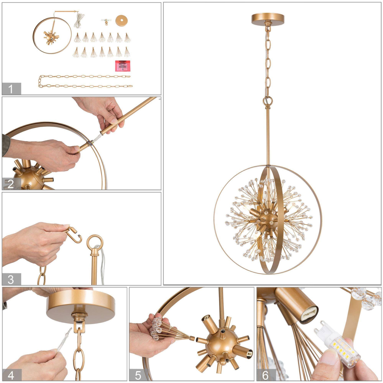 Lustre Gold Drum Dining Room, 4 lampes au fini doré mat, perles Spoutnik Globe moderne/contemporain à DEL, Lustre à sec