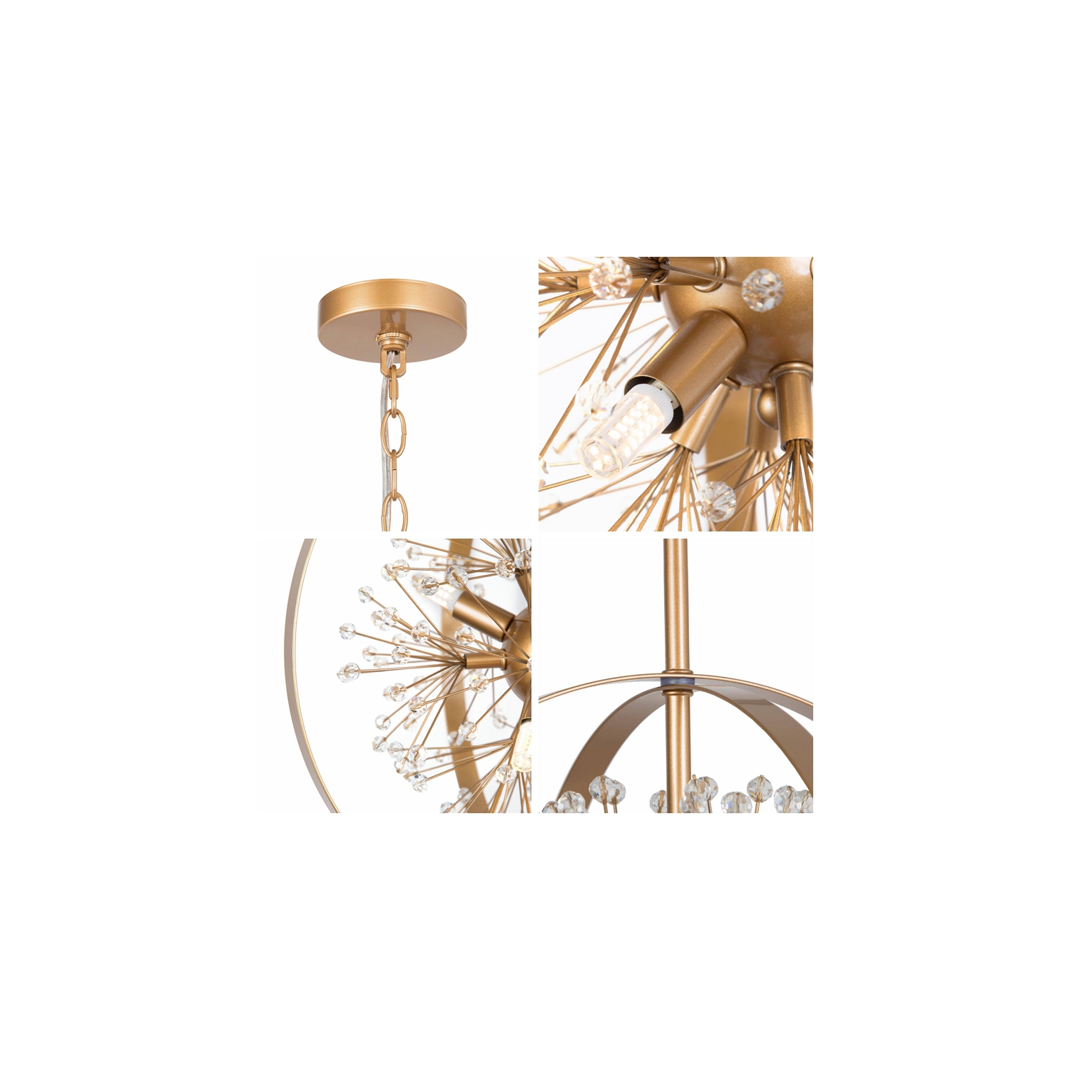 Lustre Gold Drum Dining Room, 4 lampes au fini doré mat, perles Spoutnik Globe moderne/contemporain à DEL, Lustre à sec