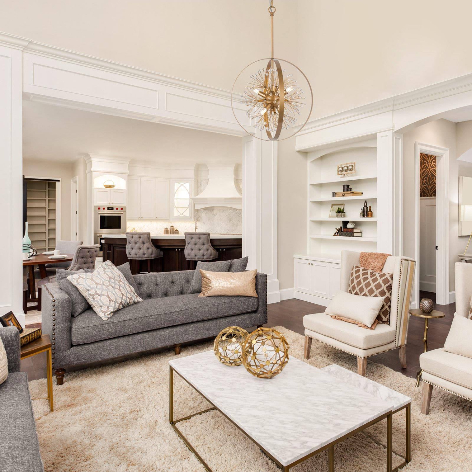 Lustre Gold Drum Dining Room, 4 lampes au fini doré mat, perles Spoutnik Globe moderne/contemporain à DEL, Lustre à sec