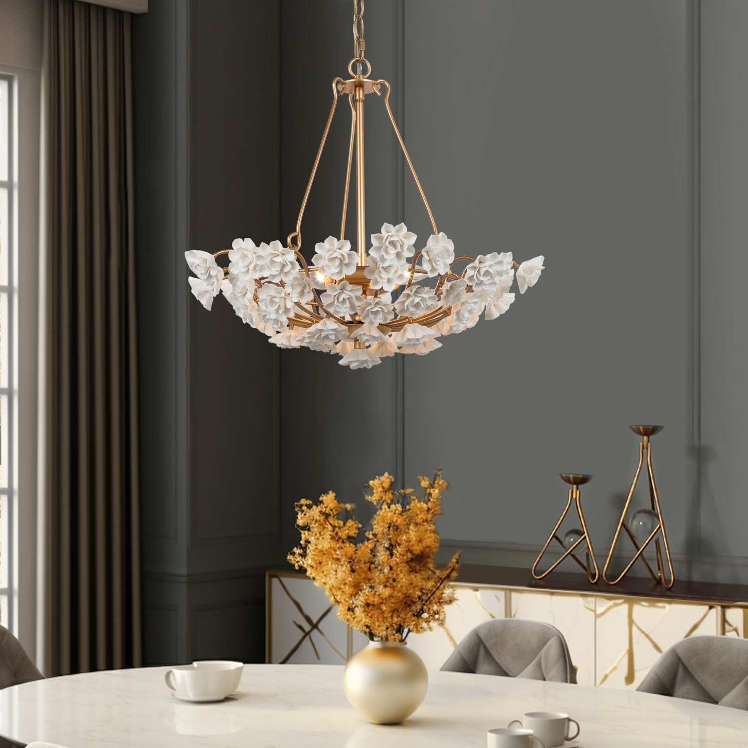 Lustre Gold Drum Dining Room, panier doré à 3 lumières et lustre moderne/contemporain à DEL Dry avec fleurs en céramique fabriquées à la main