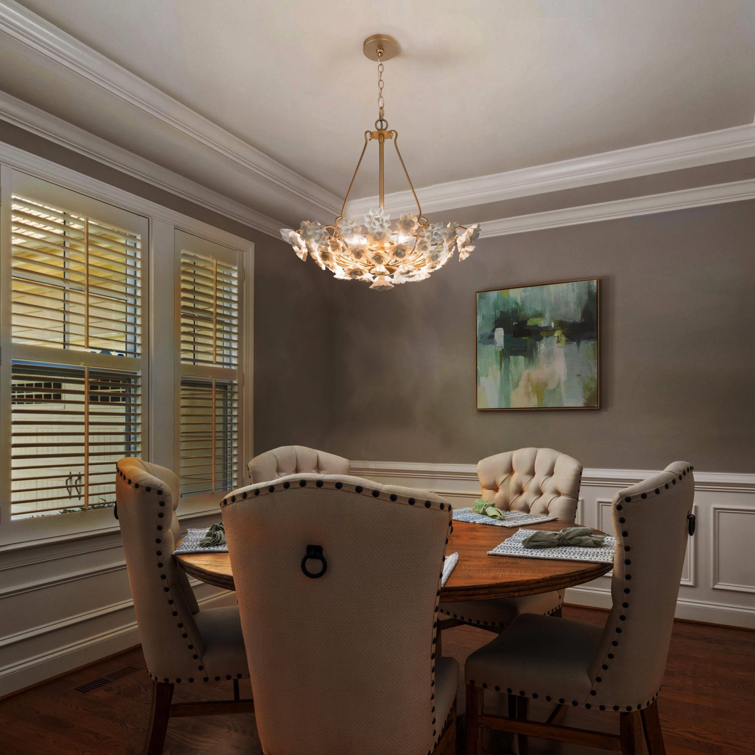 Lustre Gold Drum Dining Room, panier doré à 3 lumières et lustre moderne/contemporain à DEL Dry avec fleurs en céramique fabriquées à la main