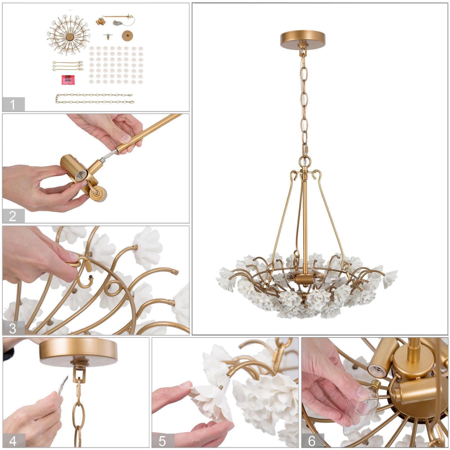 Lustre Gold Drum Dining Room, panier doré à 3 lumières et lustre moderne/contemporain à DEL Dry avec fleurs en céramique fabriquées à la main