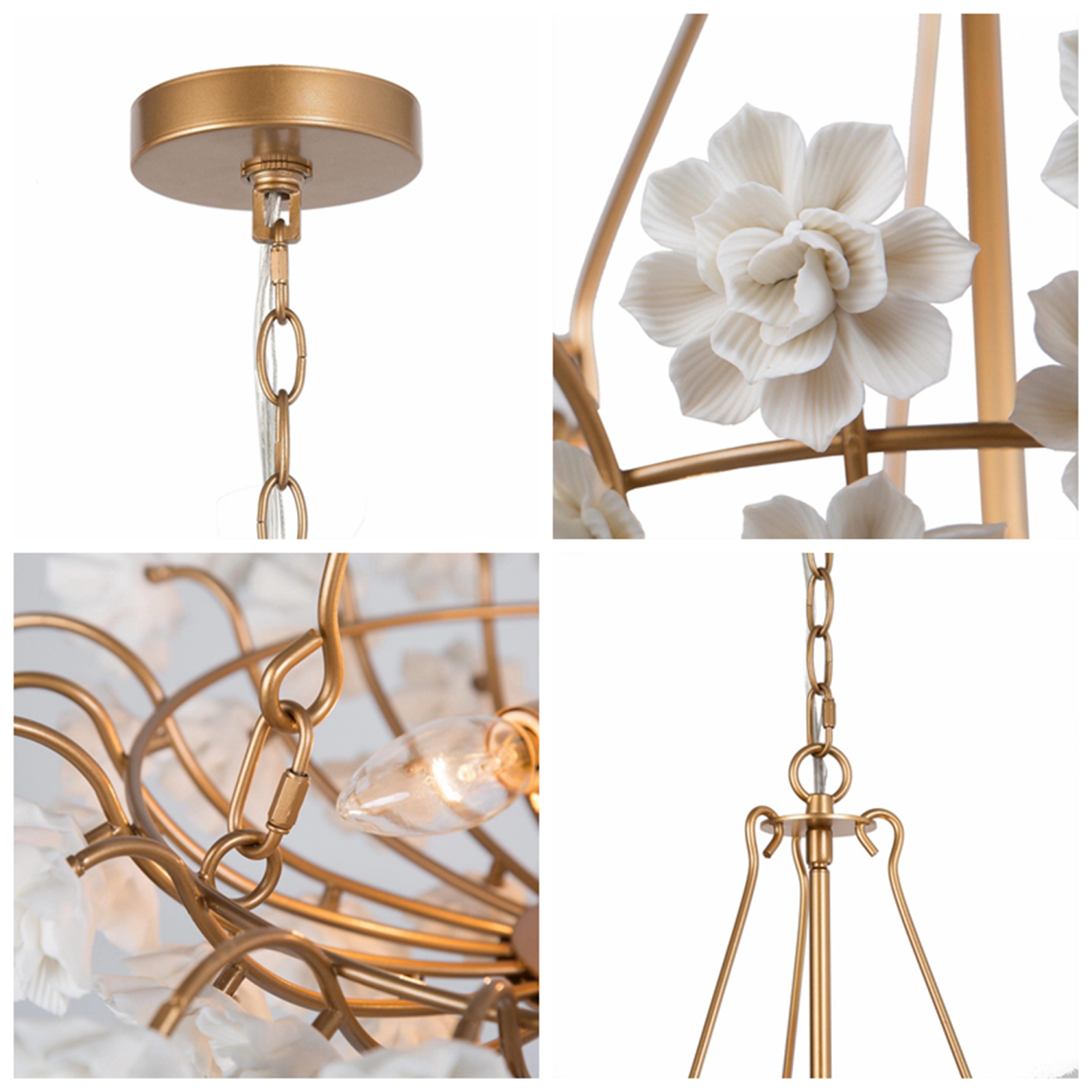 Lustre Gold Drum Dining Room, panier doré à 3 lumières et lustre moderne/contemporain à DEL Dry avec fleurs en céramique fabriquées à la main