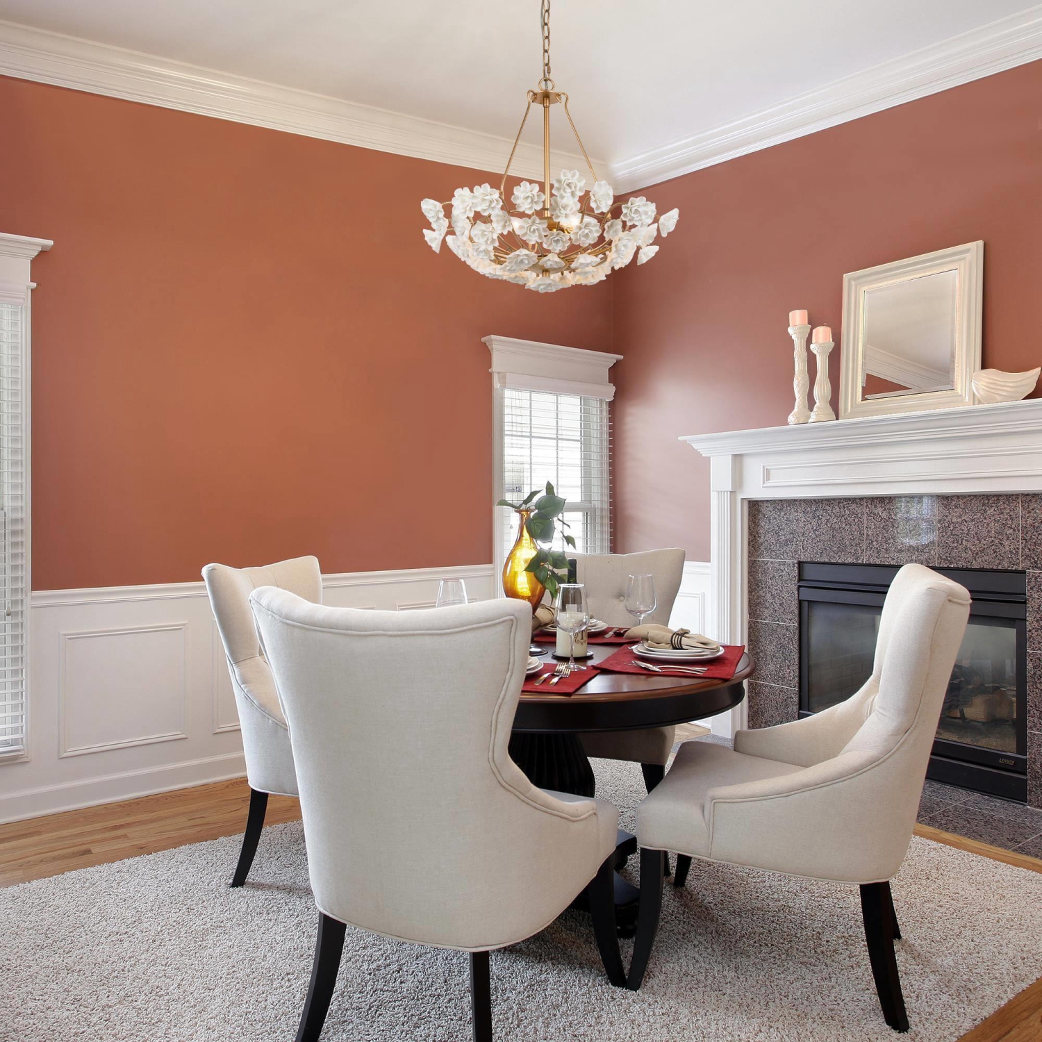 Lustre Gold Drum Dining Room, panier doré à 3 lumières et lustre moderne/contemporain à DEL Dry avec fleurs en céramique fabriquées à la main